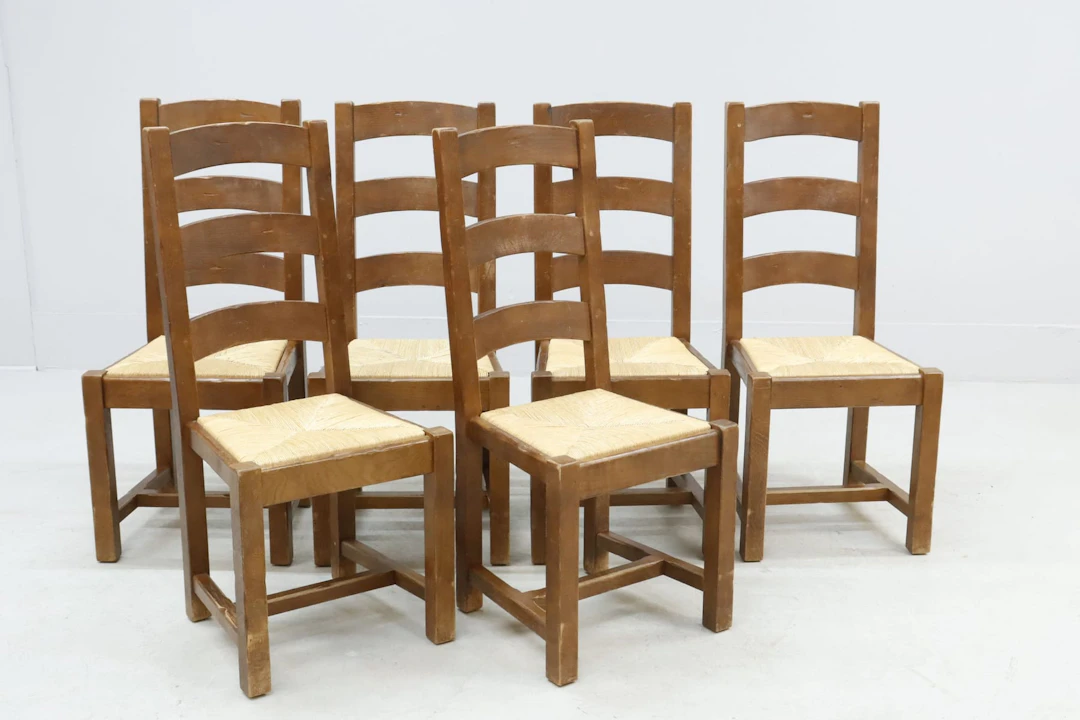 Stolar, 6st, fransk lantstil, betsad ek med snörad sits