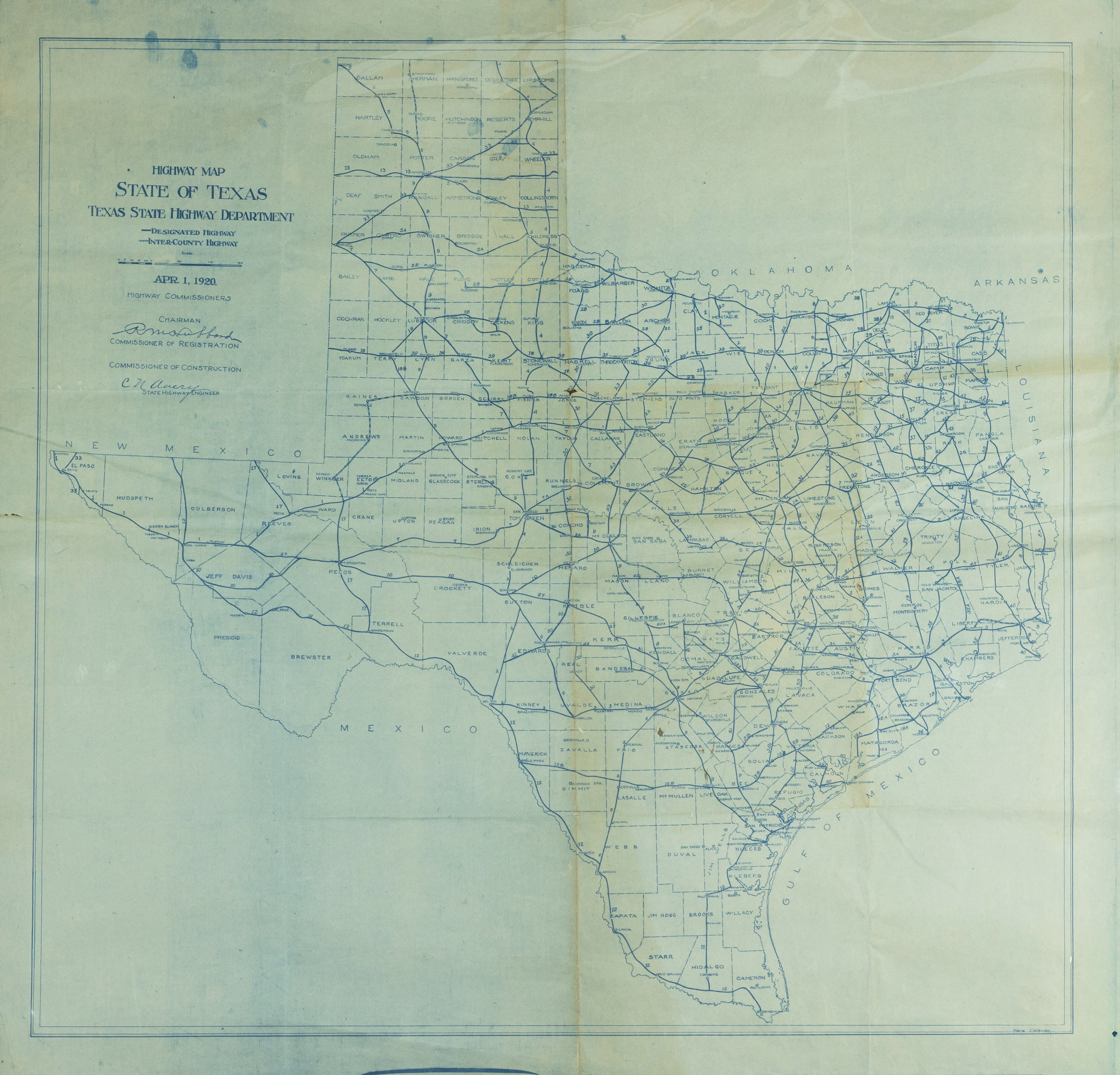 Highway Lithographed Map State of Texas on blue paper, 1920