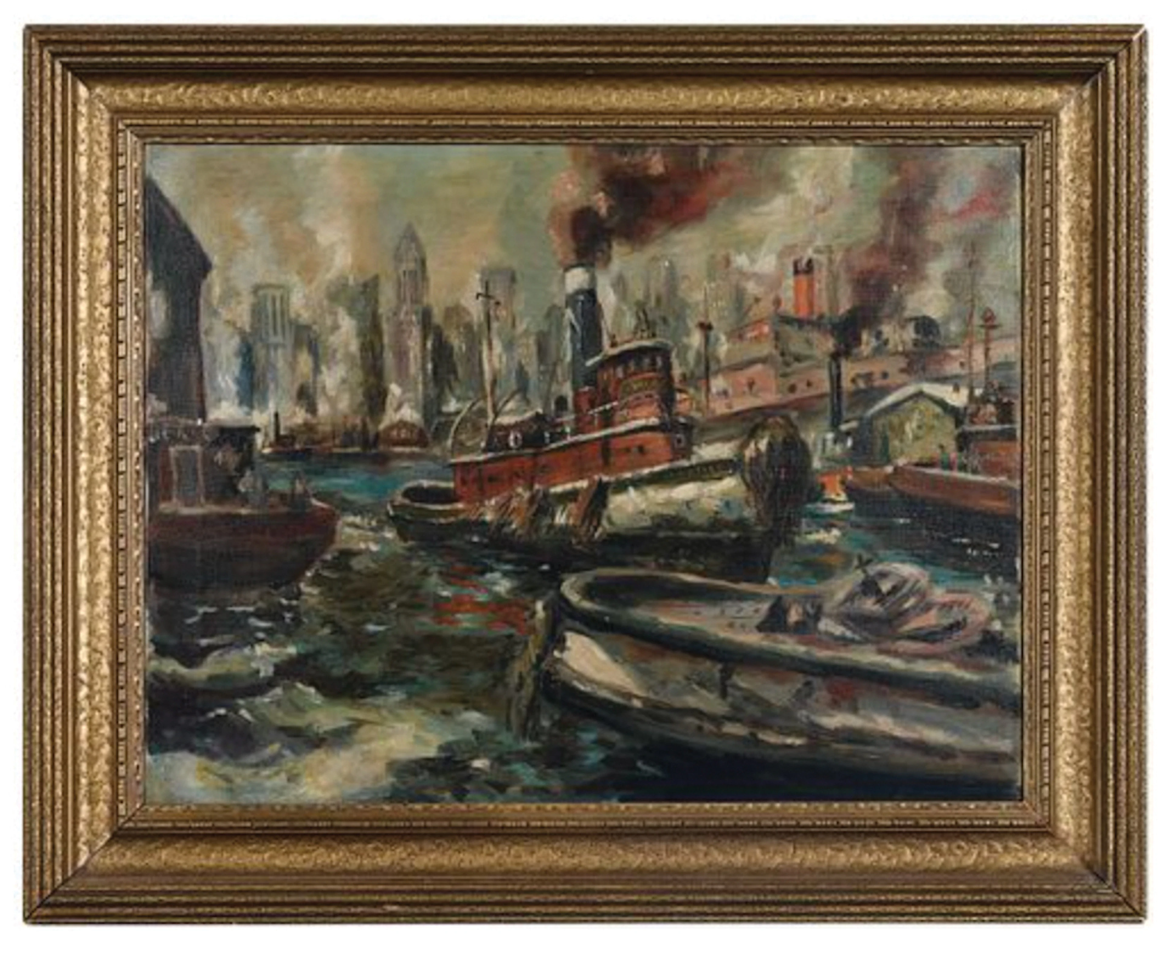 Signed Reginald Marsh Oil of Tugboats, New York Harbor - 1948