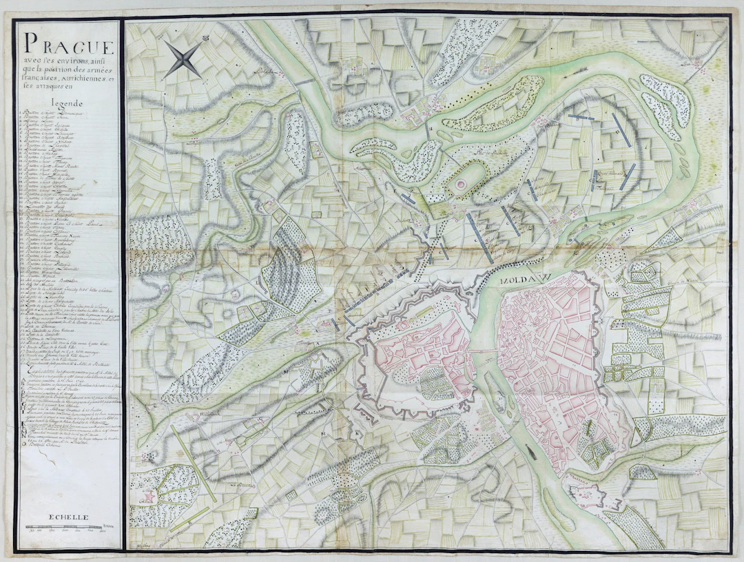 French School Manuscript Map of Prague during the War of Austrian