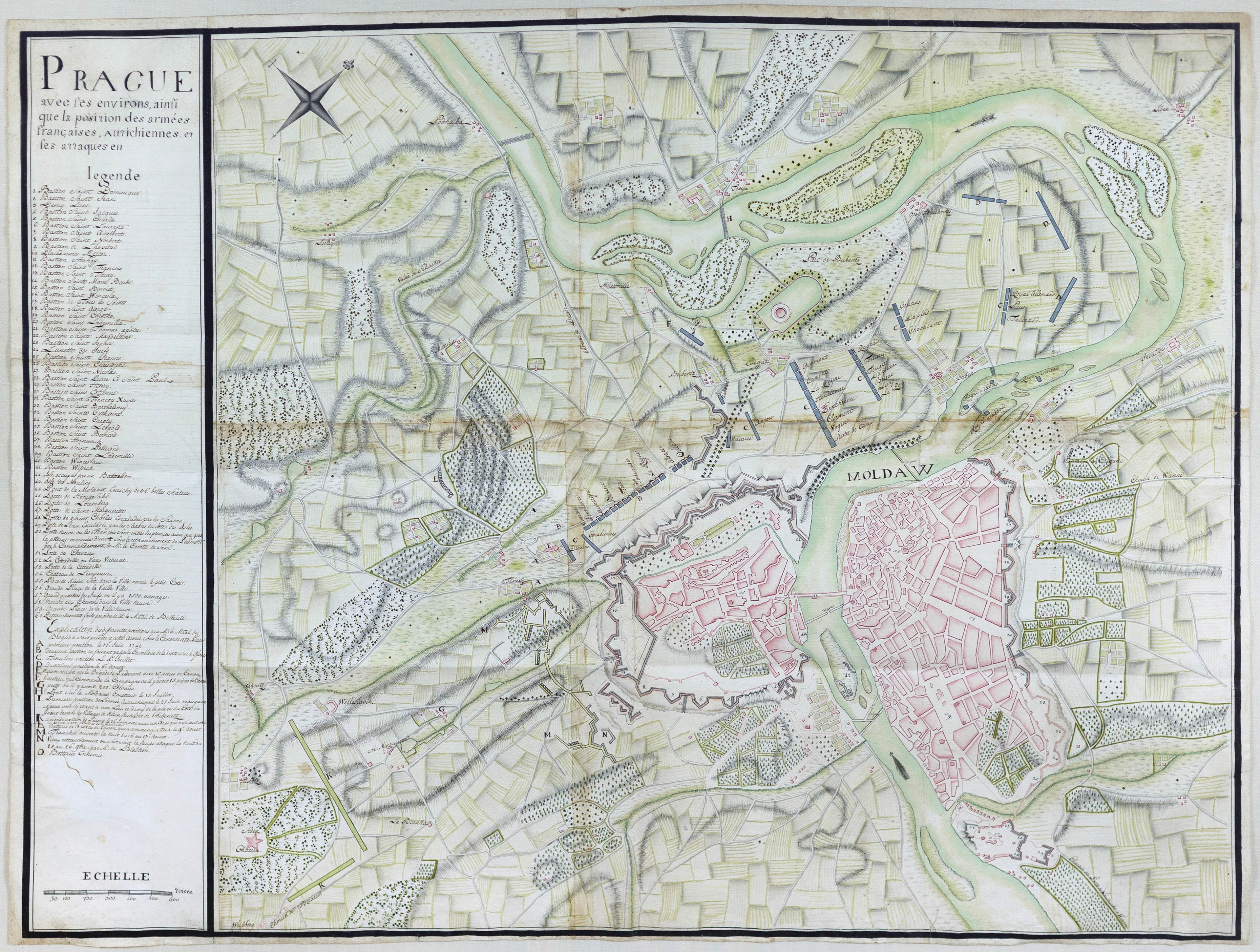 French School Manuscript Map of Prague during the War of Austrian