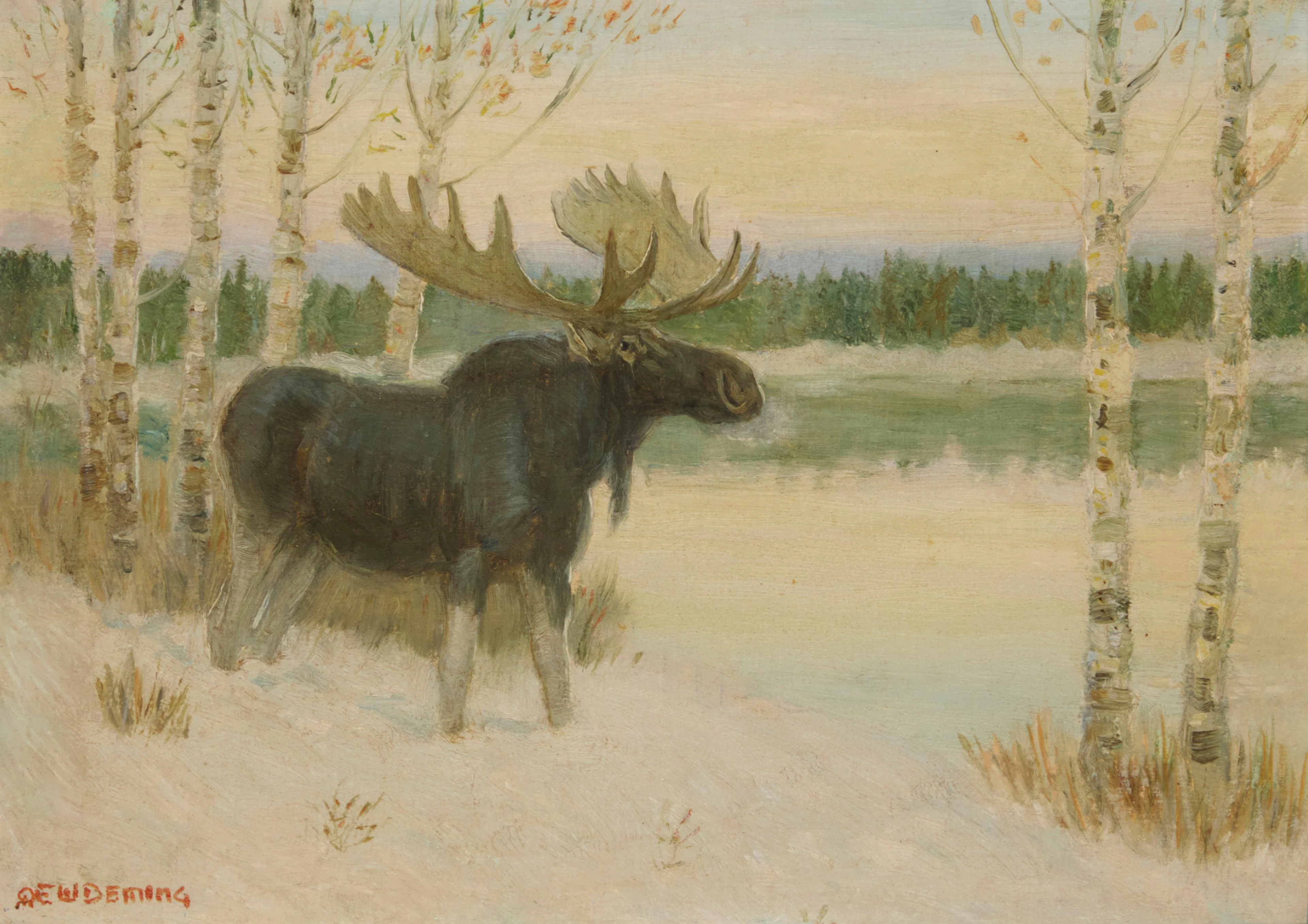 Edwin Deming Signed Oil of a Moose in a Winter Landscape