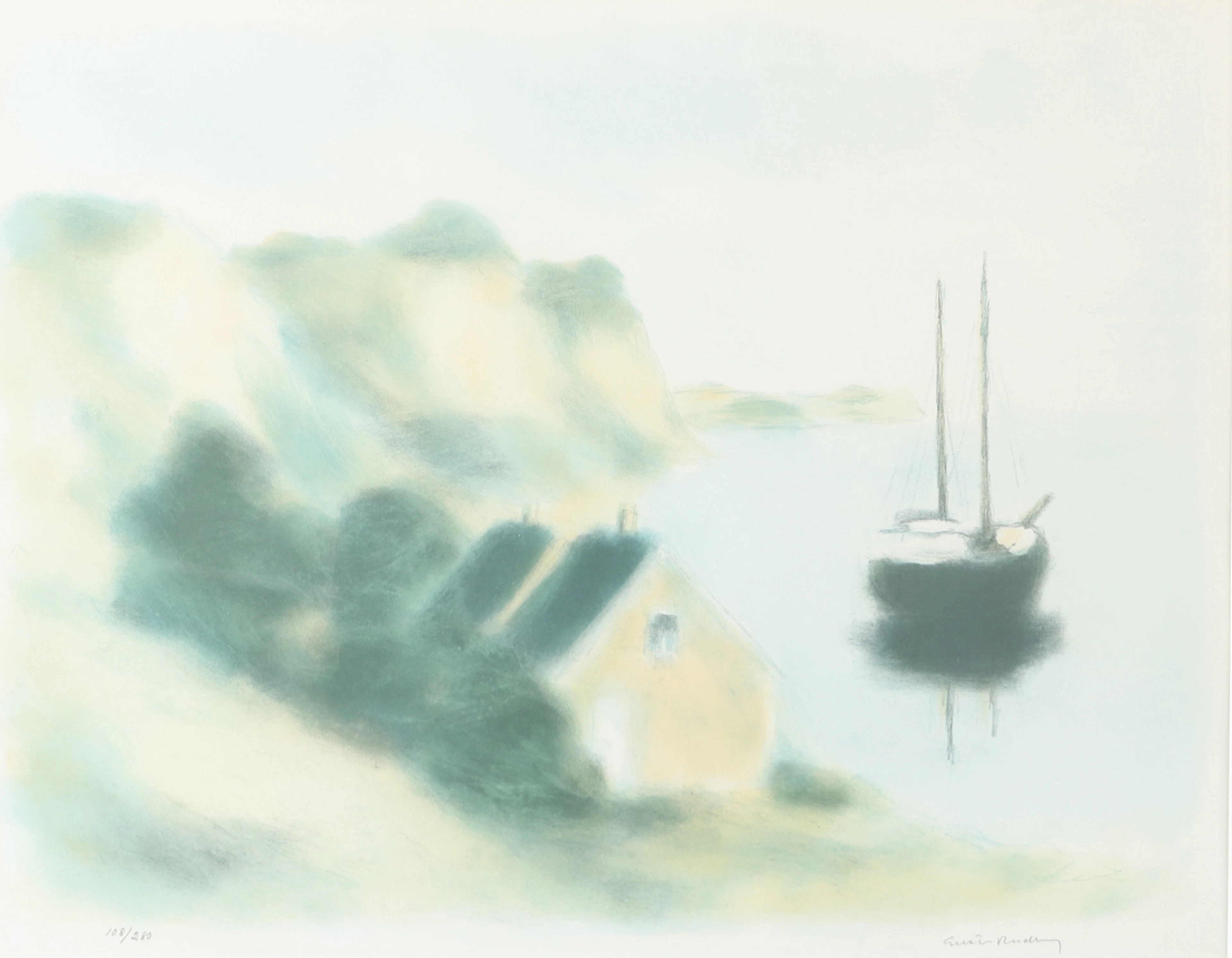 GUSTAV RUDBERG. Motiv från Ven, färglitografi, signerad.