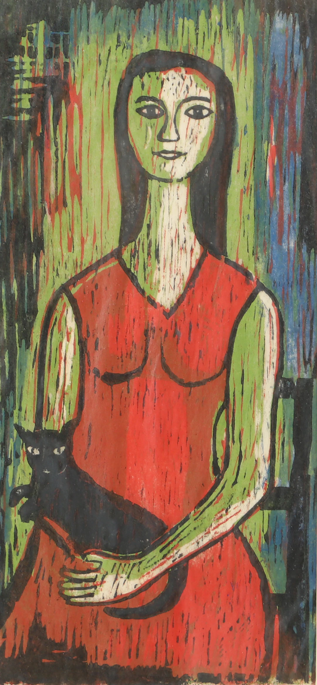 OIDENTIFIERAD KONSTNÄR. Kvinna med katt, träsnitt, signerad Lindqvist.