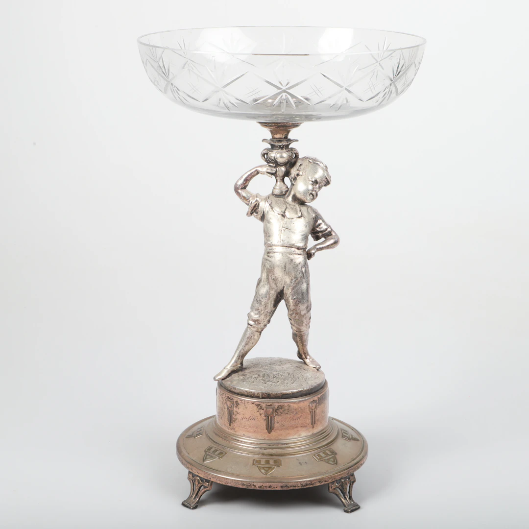 SKÅL PÅ FOT, metall/glas, sekelskiftet 1800/1900.