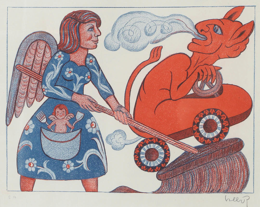 HENRY HEERUP. Ängel samt djävul, färglitografi, signerad Heerup.