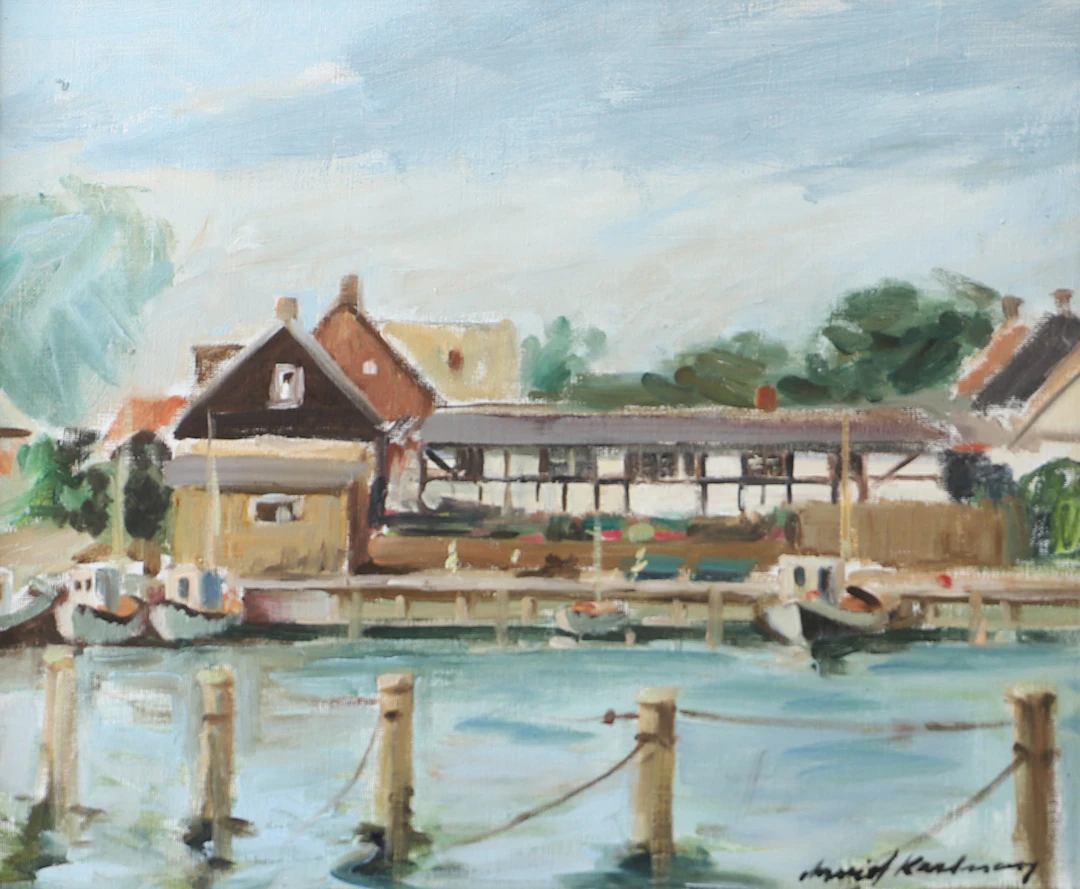 ARVID KARLSSON. Hamn med förtöjningspålar, olja på duk, signerad.
