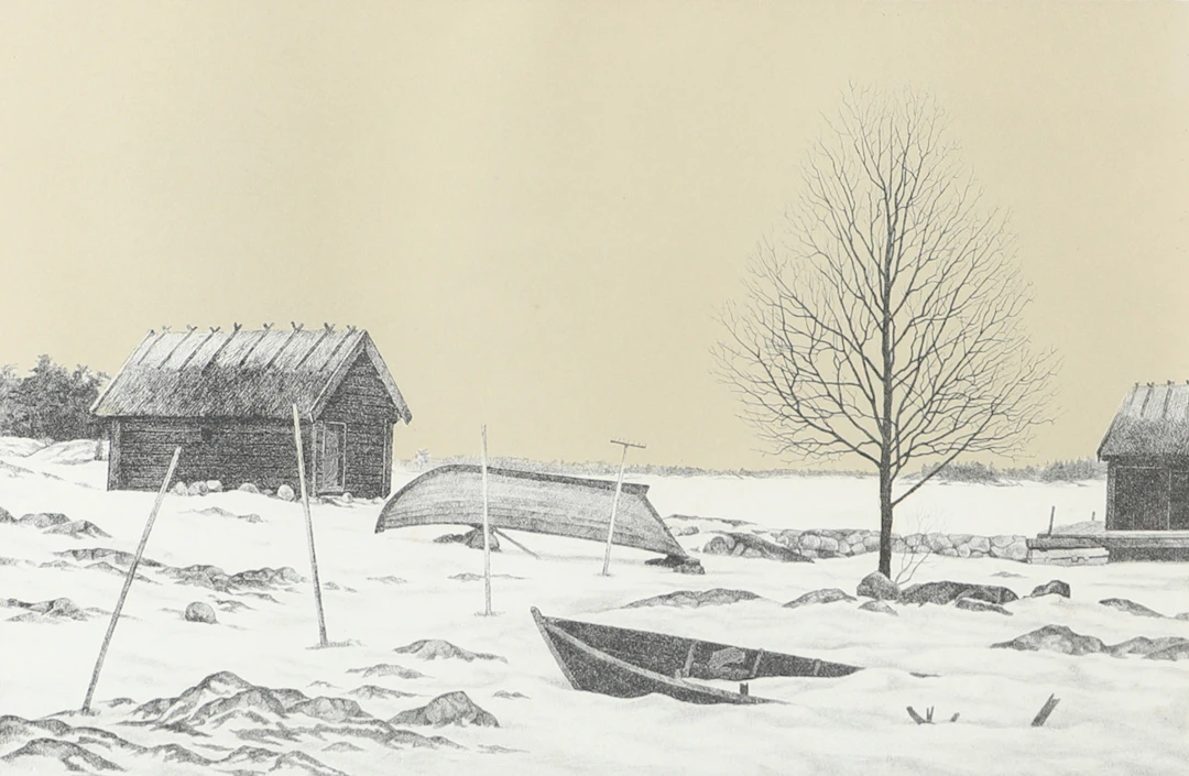 REINHOLD LJUNGGREN. Vinterlandskap, färglitografi, signerad R. Ljunggren.