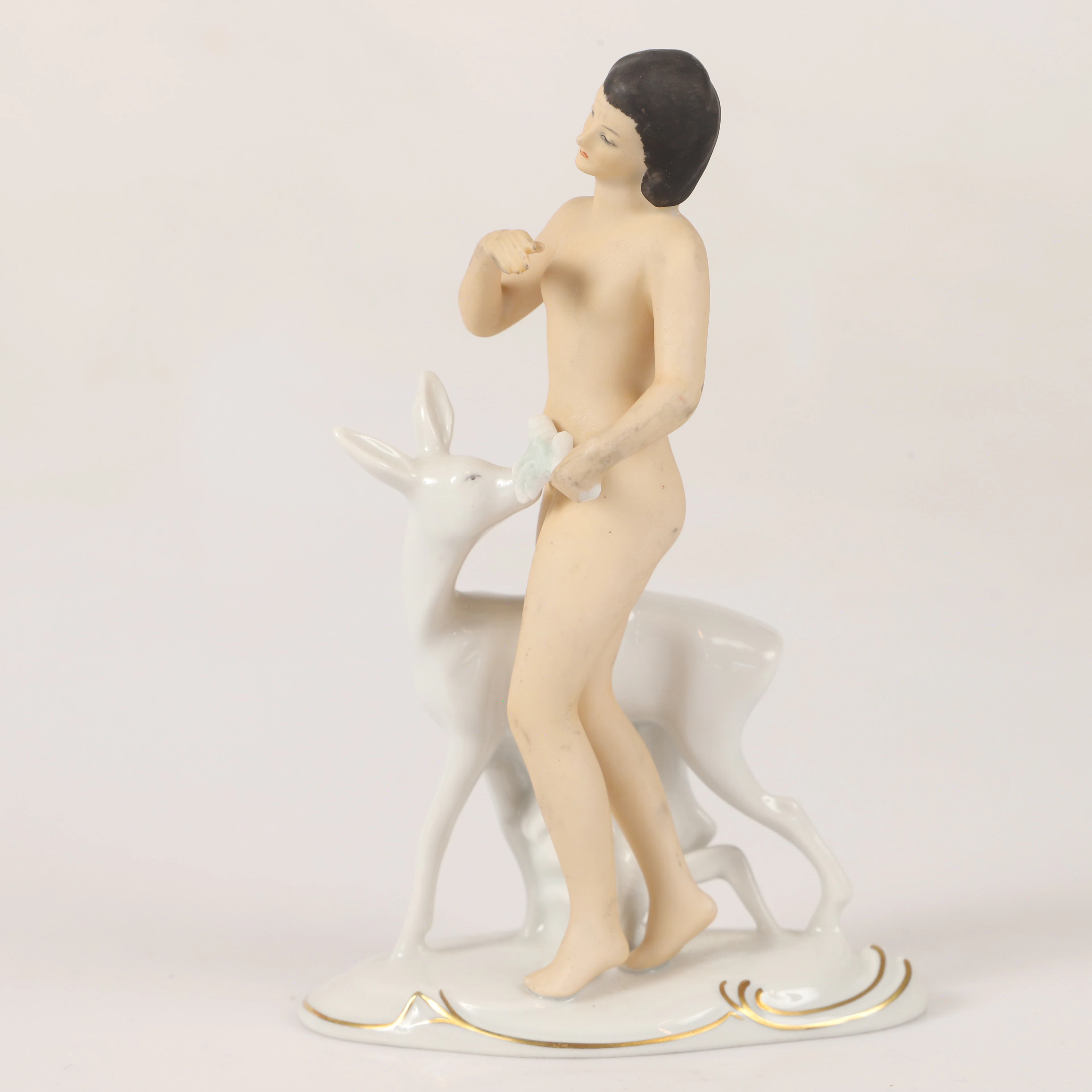 FIGURIN, kvinna med kid, porslin, Schaubachkunst, Tyskland.
