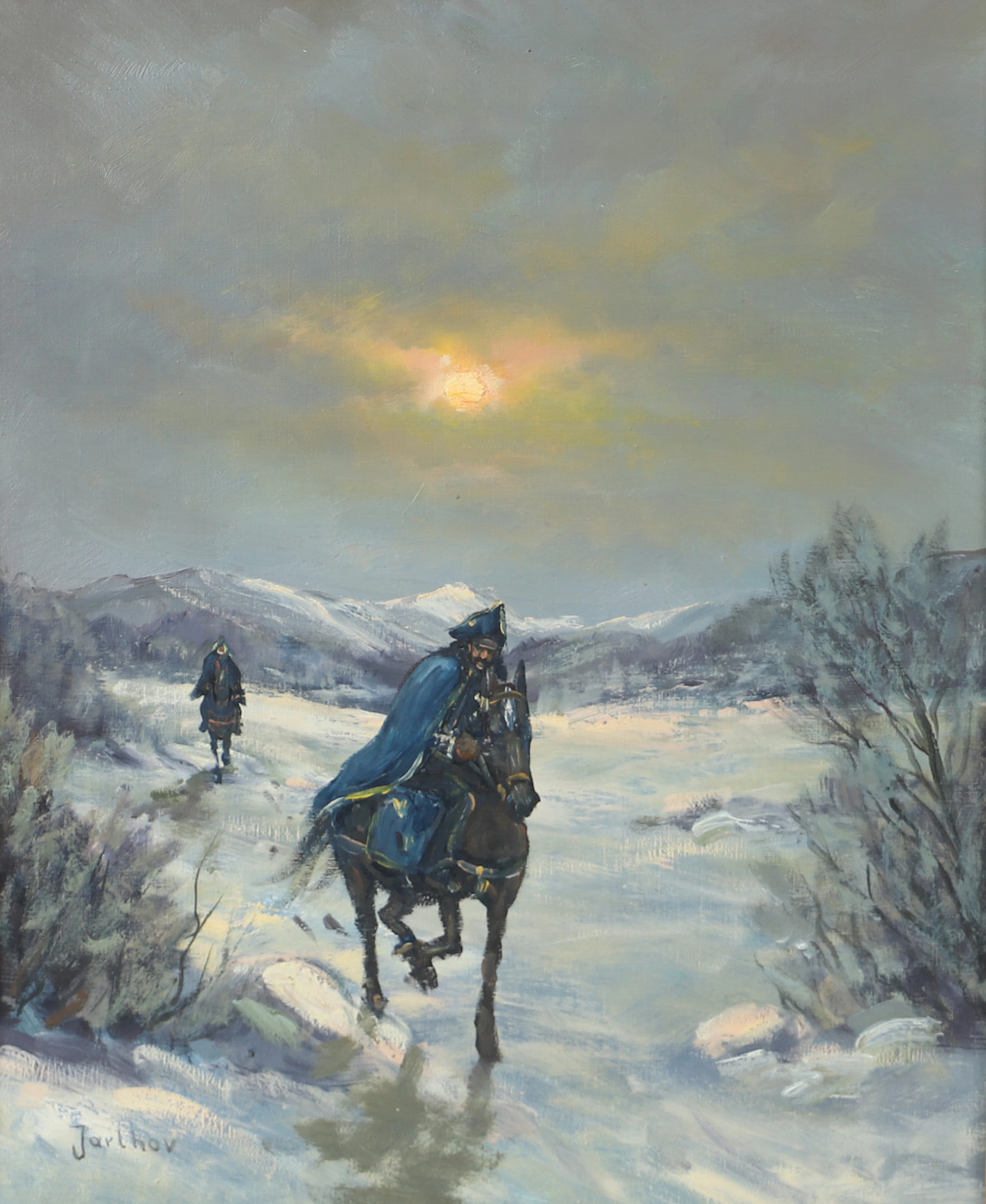 HARTVIG JARLHOV. Ridande karoline, olja på duk, signerad Jarlhov.