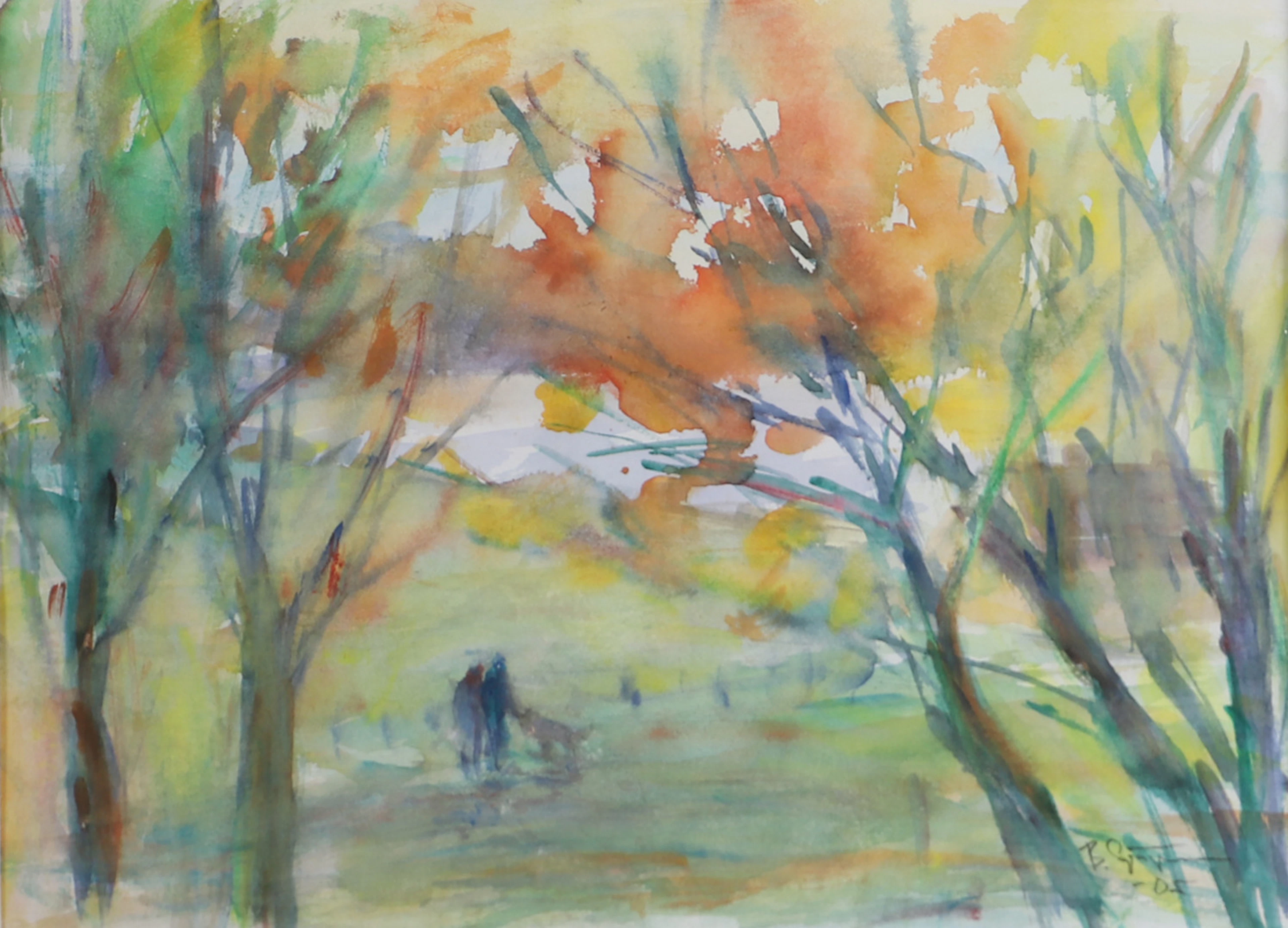 OIDENTIFIERAD KONSTNÄR. Höstpromenad, akvarell, otydligt signerad -05.