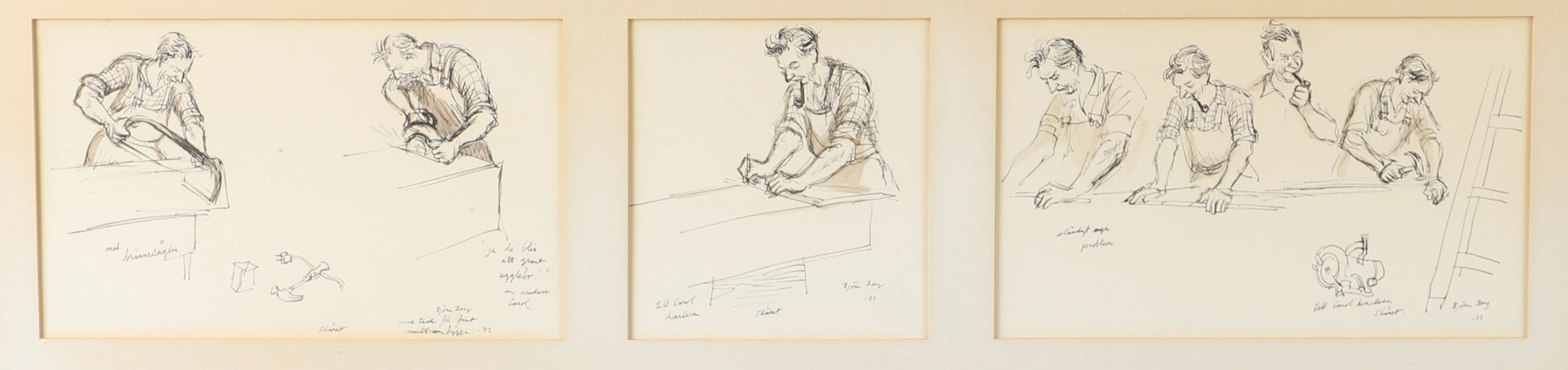 BJÖRN BERG. Triptyk, teckning, signerad.