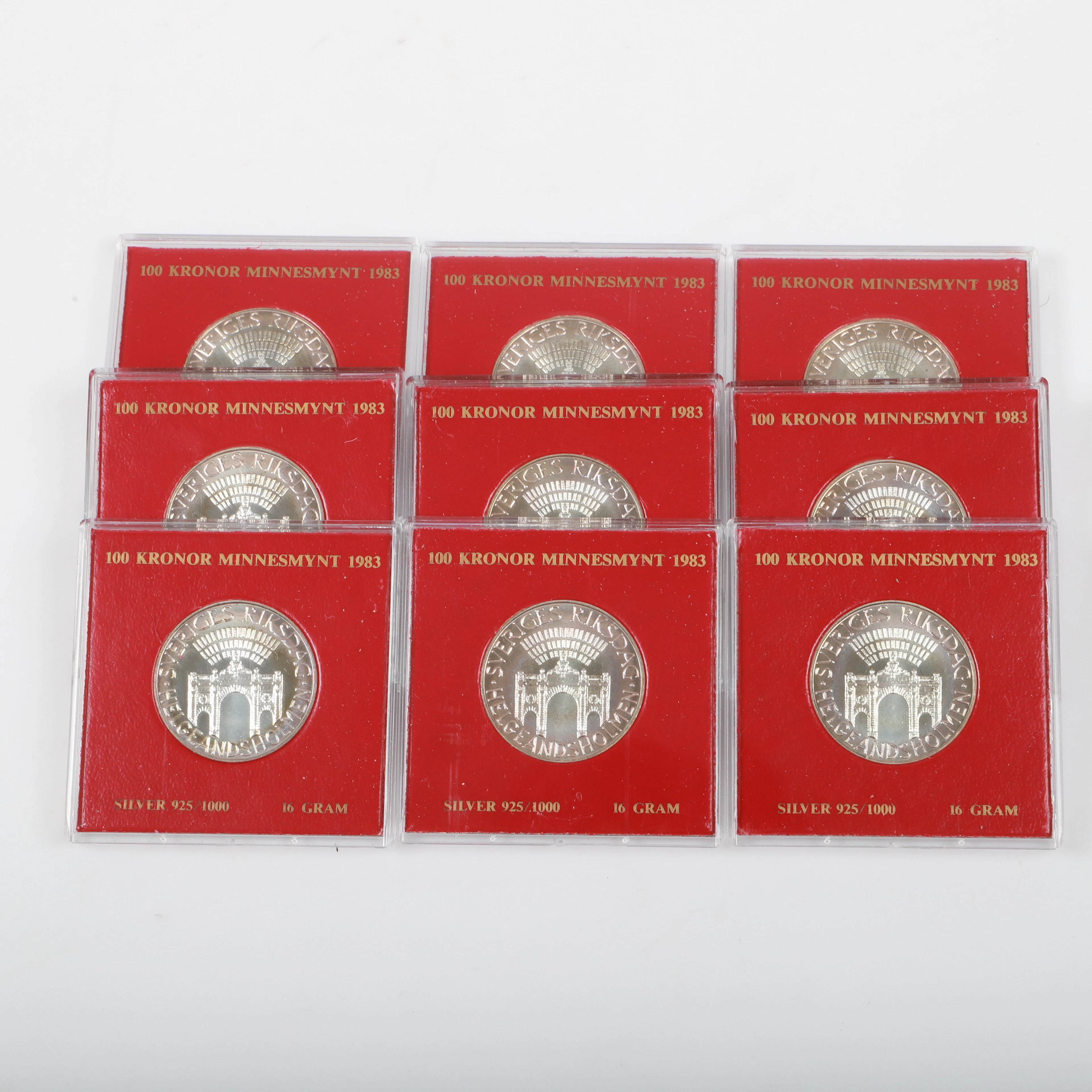 MINNESMYNT, 9 stycken, 100 kr, sterlingsilver, Sverige, 1983.