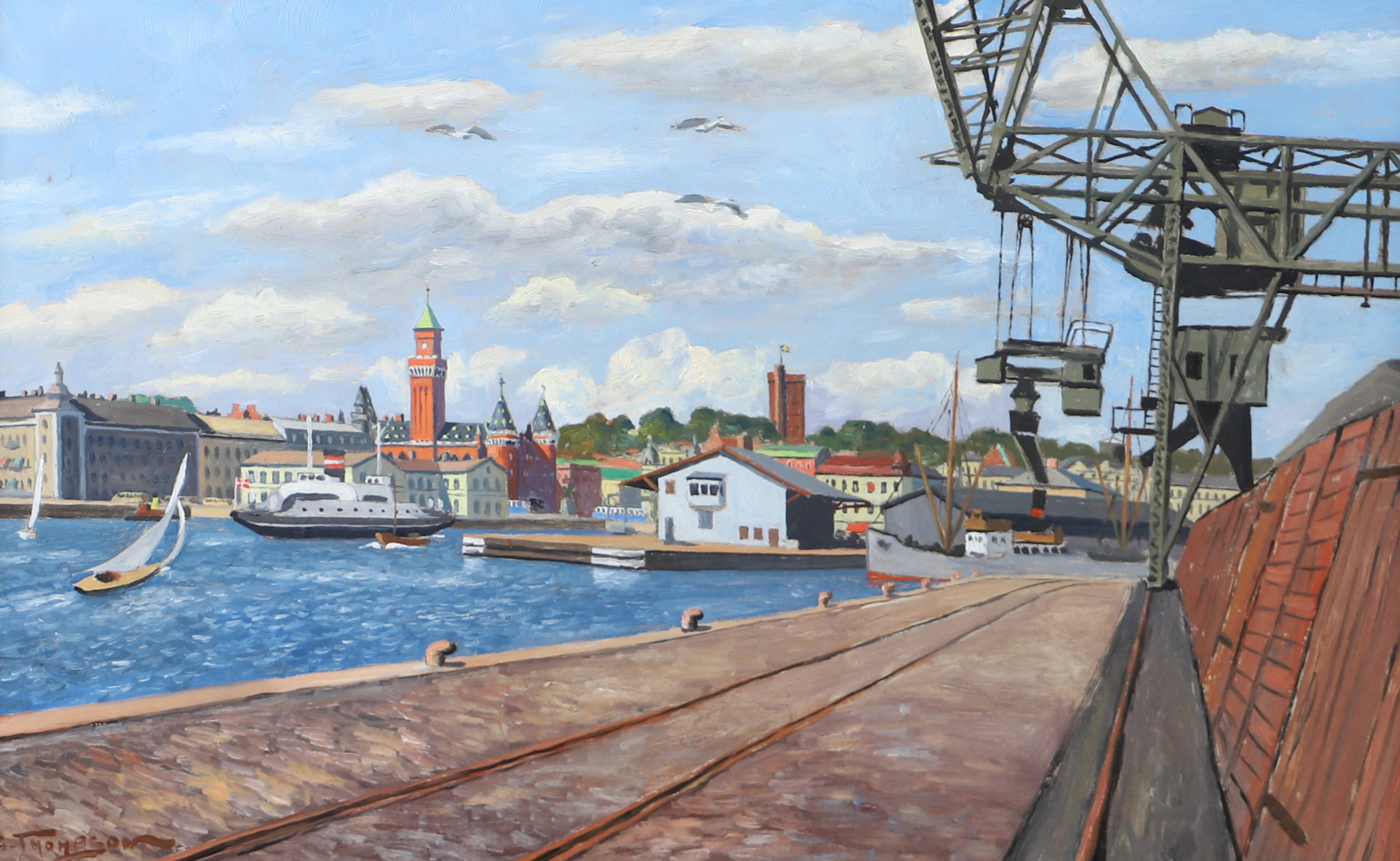 CARL THOMPSON. Hamnen Helsingborg, olja på pannå, signerad C. Thompson.