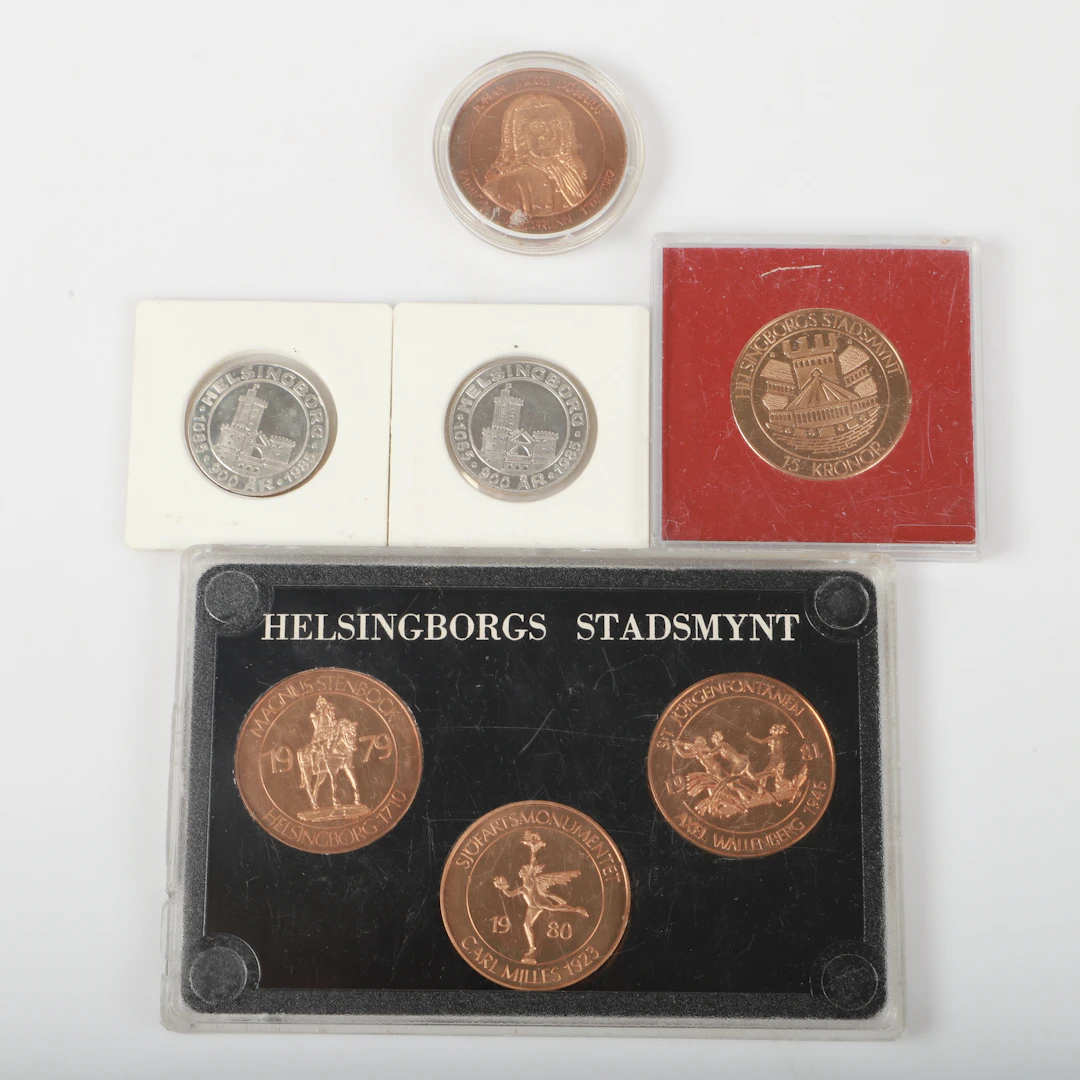 MINNESMYNT, 7 stycken, sterlingsilver och brons, Helsingborg, 1979-1986.