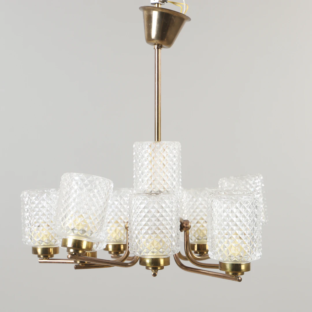 TAKLAMPA, 10-armad, mässing och glas, 1900-talets mitt.