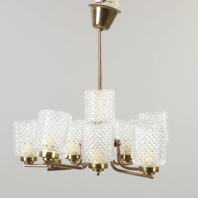 TAKLAMPA, 10-armad, mässing och glas, 1900-talets mitt.
