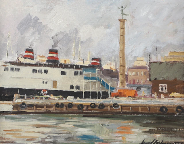 ARVID KARLSSON. Helsingborgs hamn, olja på duk, signerad 1974.