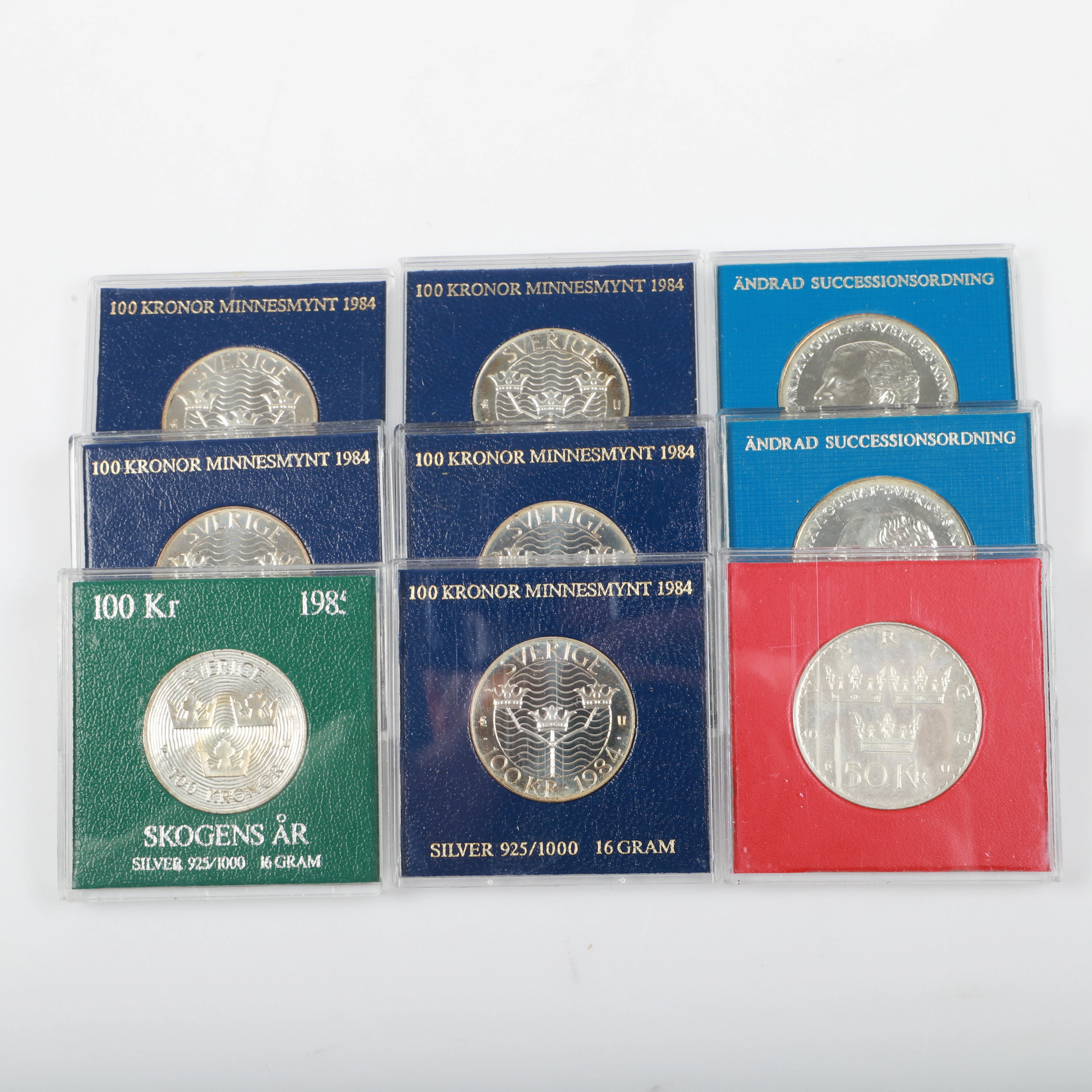 MINNESMYNT, 9 stycken, sterlingsilver, Sverige, 1975-1985.