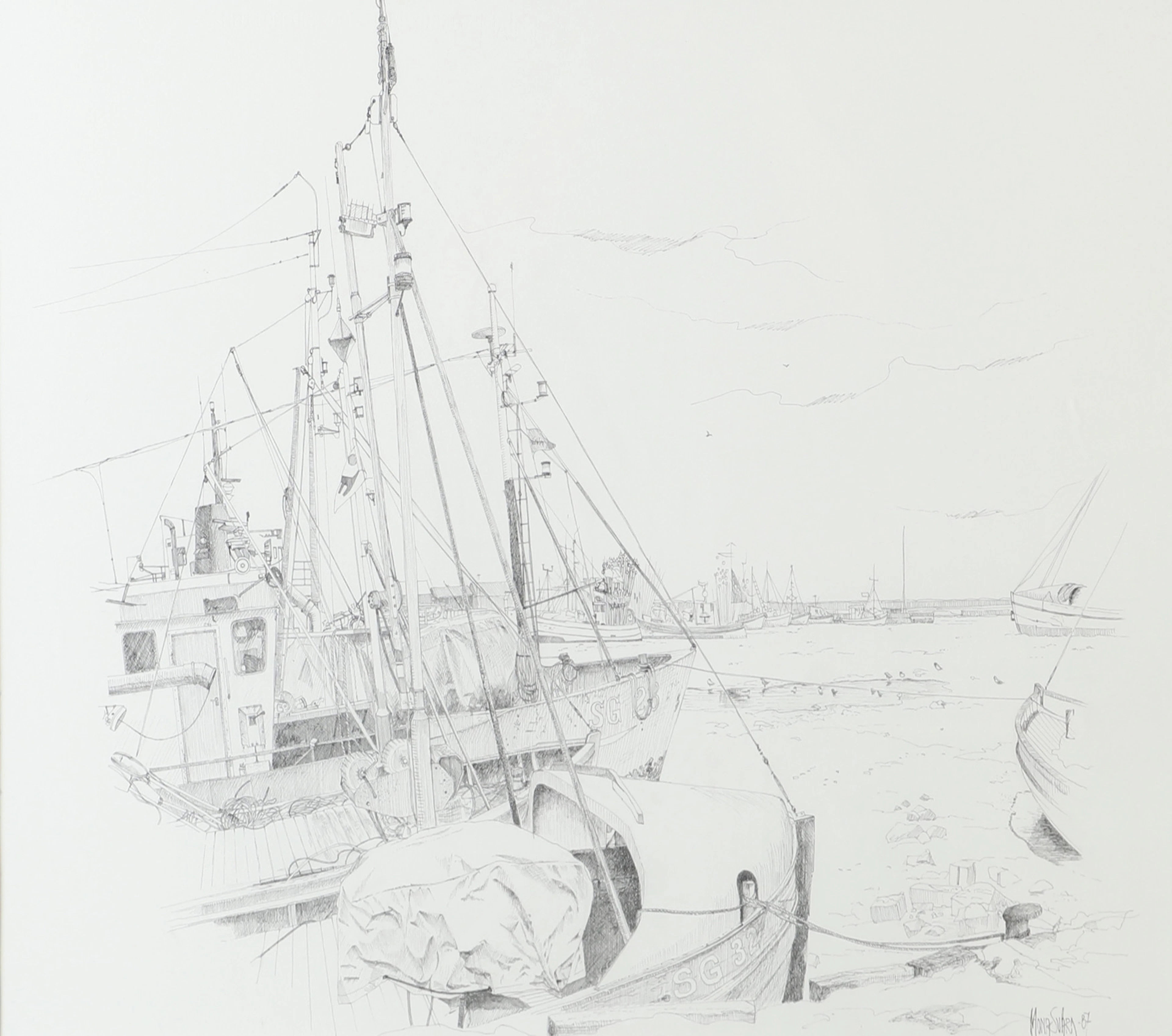 MONA SVÄRD. Hamnmotiv, grafiskt blad, signerad -87.
