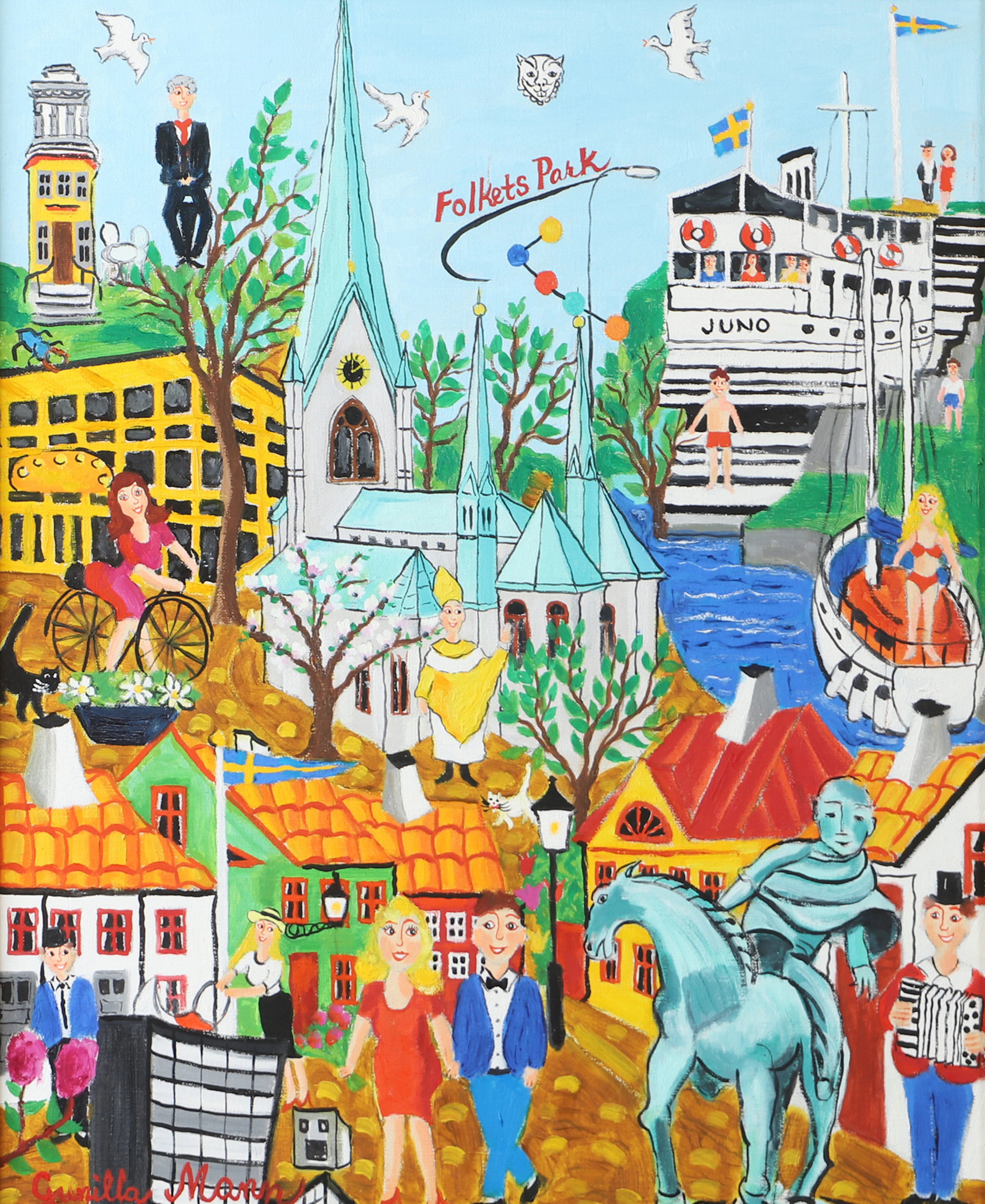 GUNILLA MANN. "Kreativa Linköping", olja på duk, signerad.