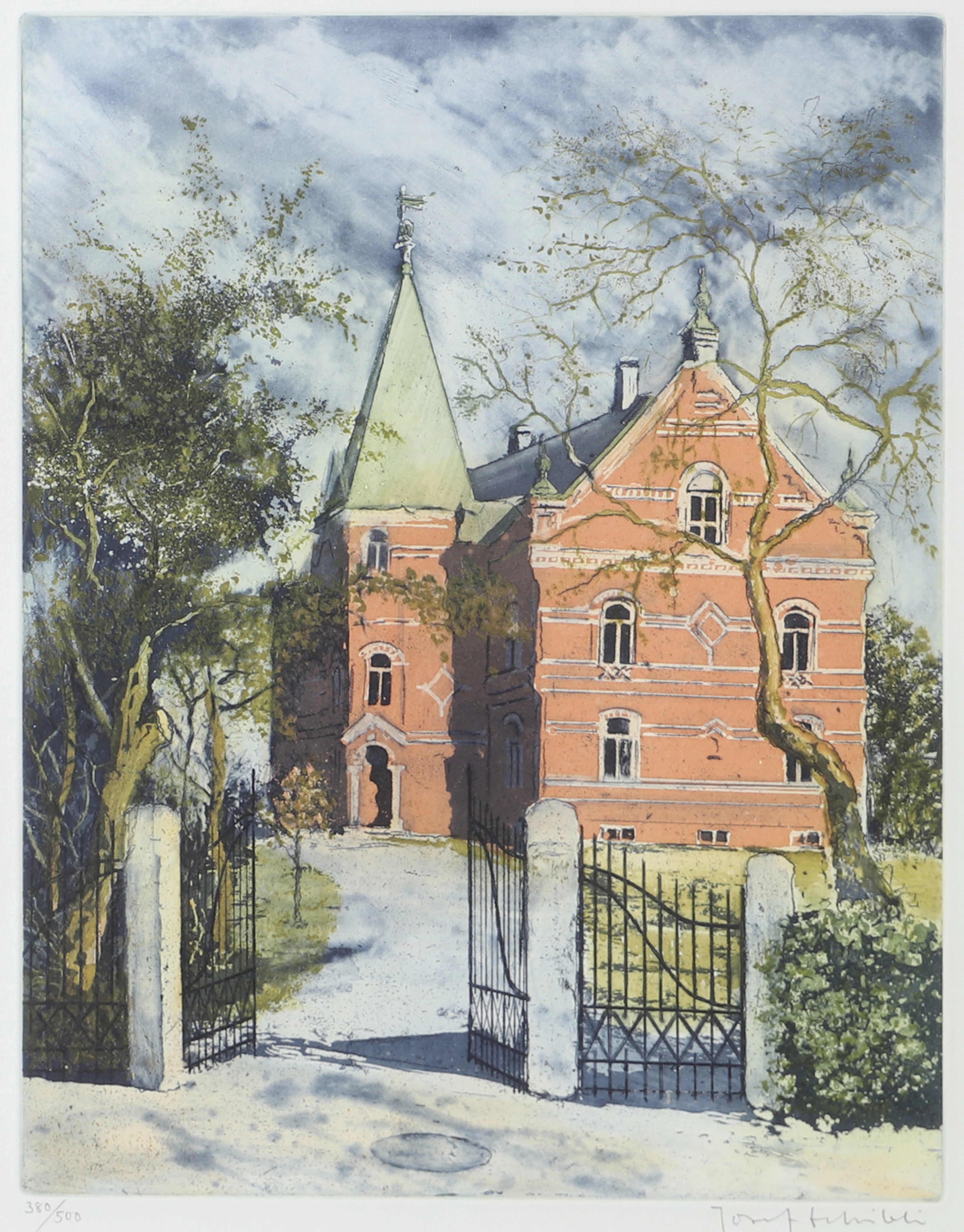 JOSEF SCHIBLI. Hus med öppen grind, etsning, signerad.