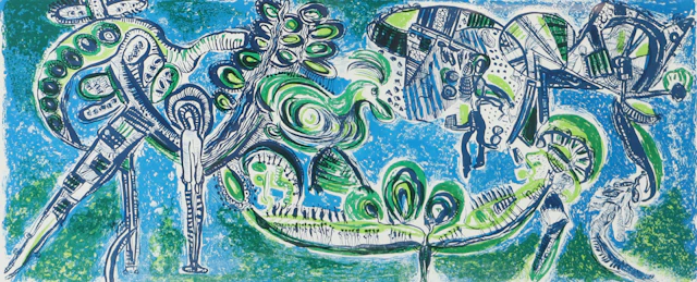 PAUL HOLSBY. "Den paradisiska trädgården", färglitografi, signerad -76.