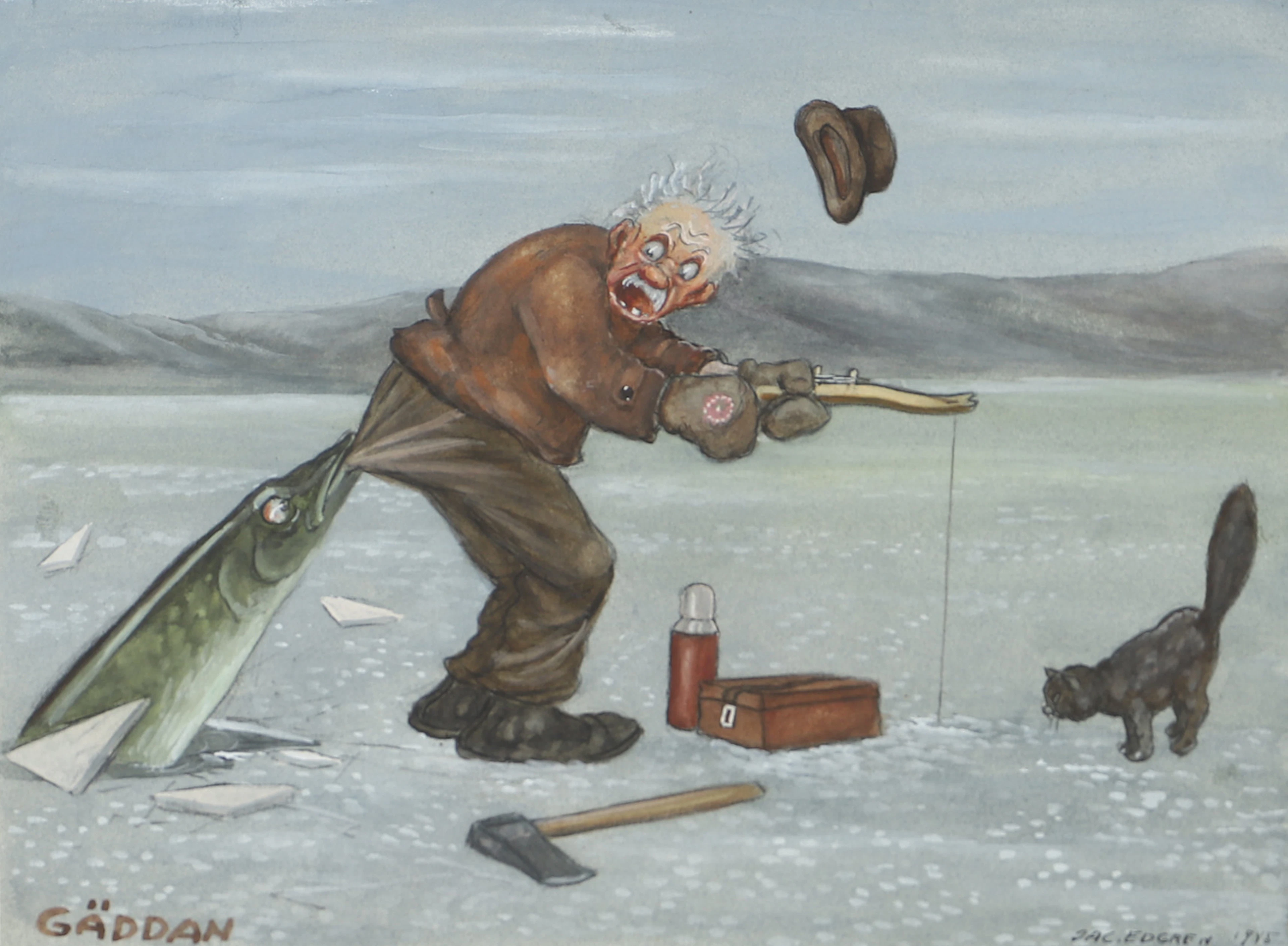 JAC EDGREN. "Gäddan", blandteknik, signerad 1945.