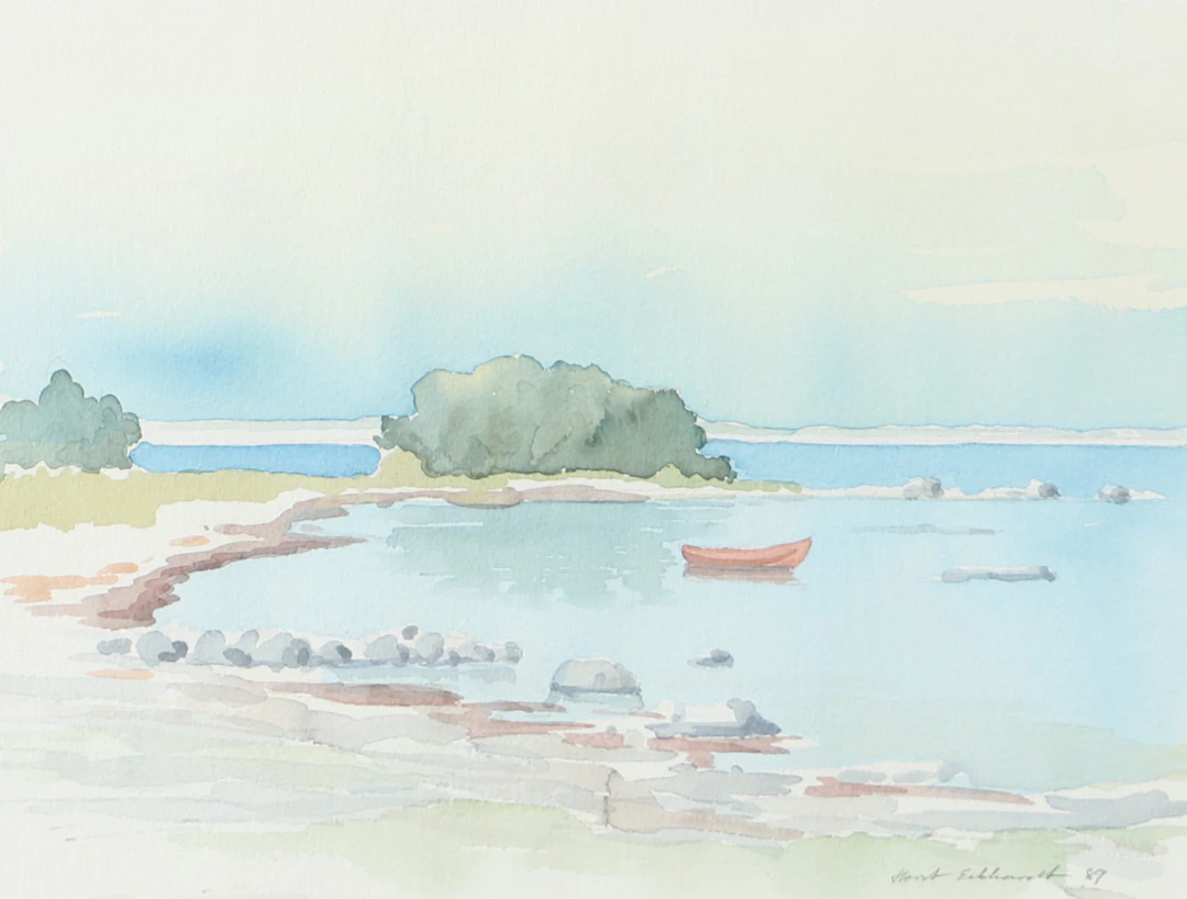 HORST ECKHARDT. Strandparti med båt, akvarell, signerad -89.