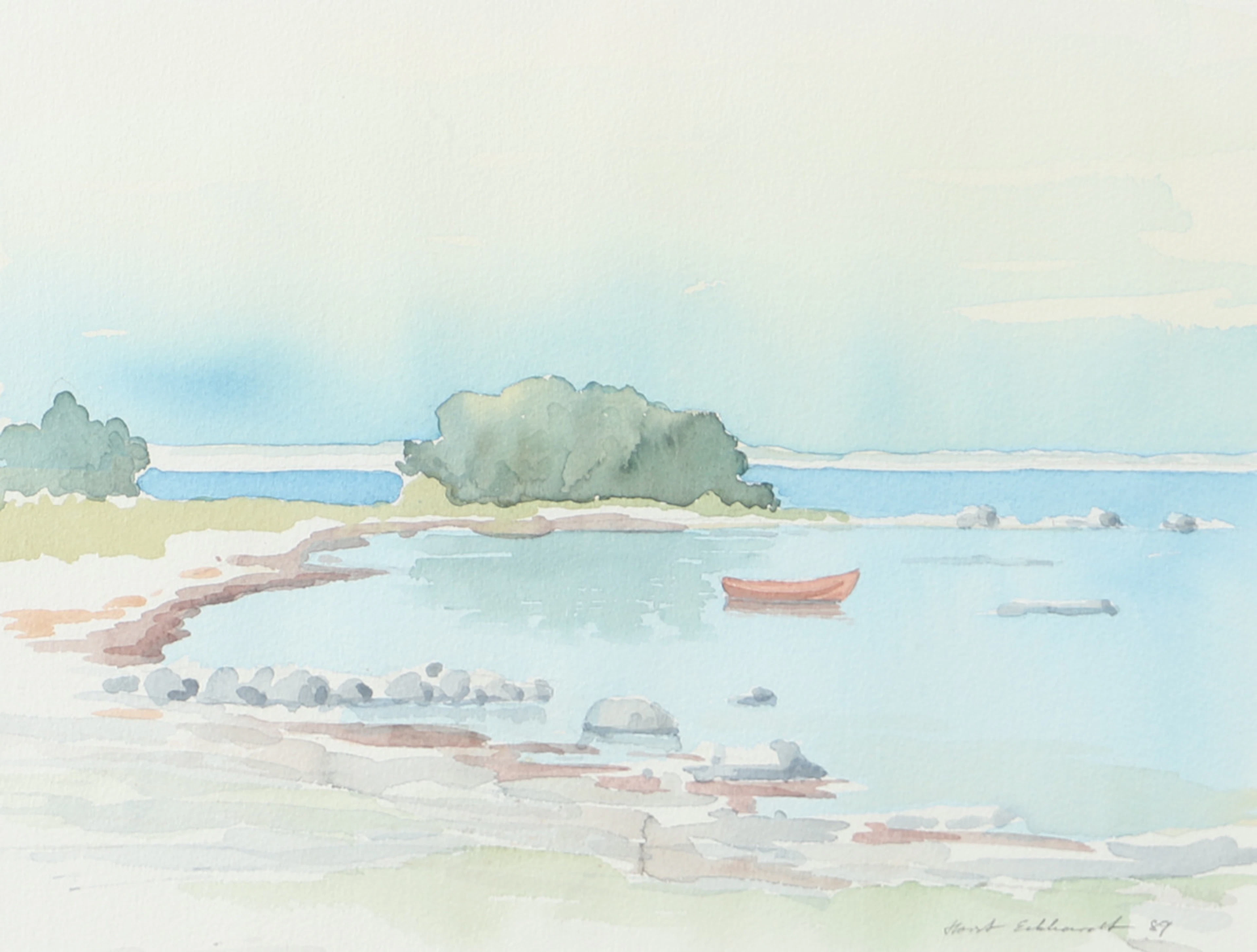 HORST ECKHARDT. Strandparti med båt, akvarell, signerad -89.