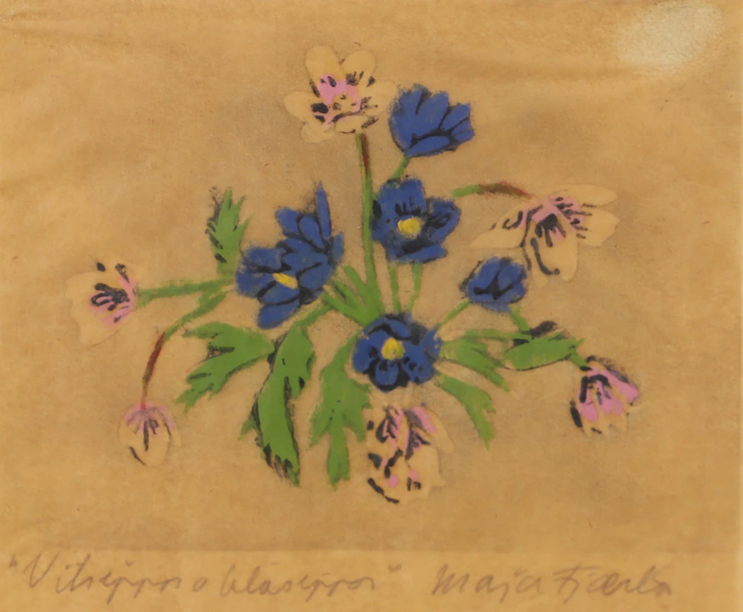 MAJA FJAESTAD. "Vitsippor o blåsippor", träsnitt, signerad.