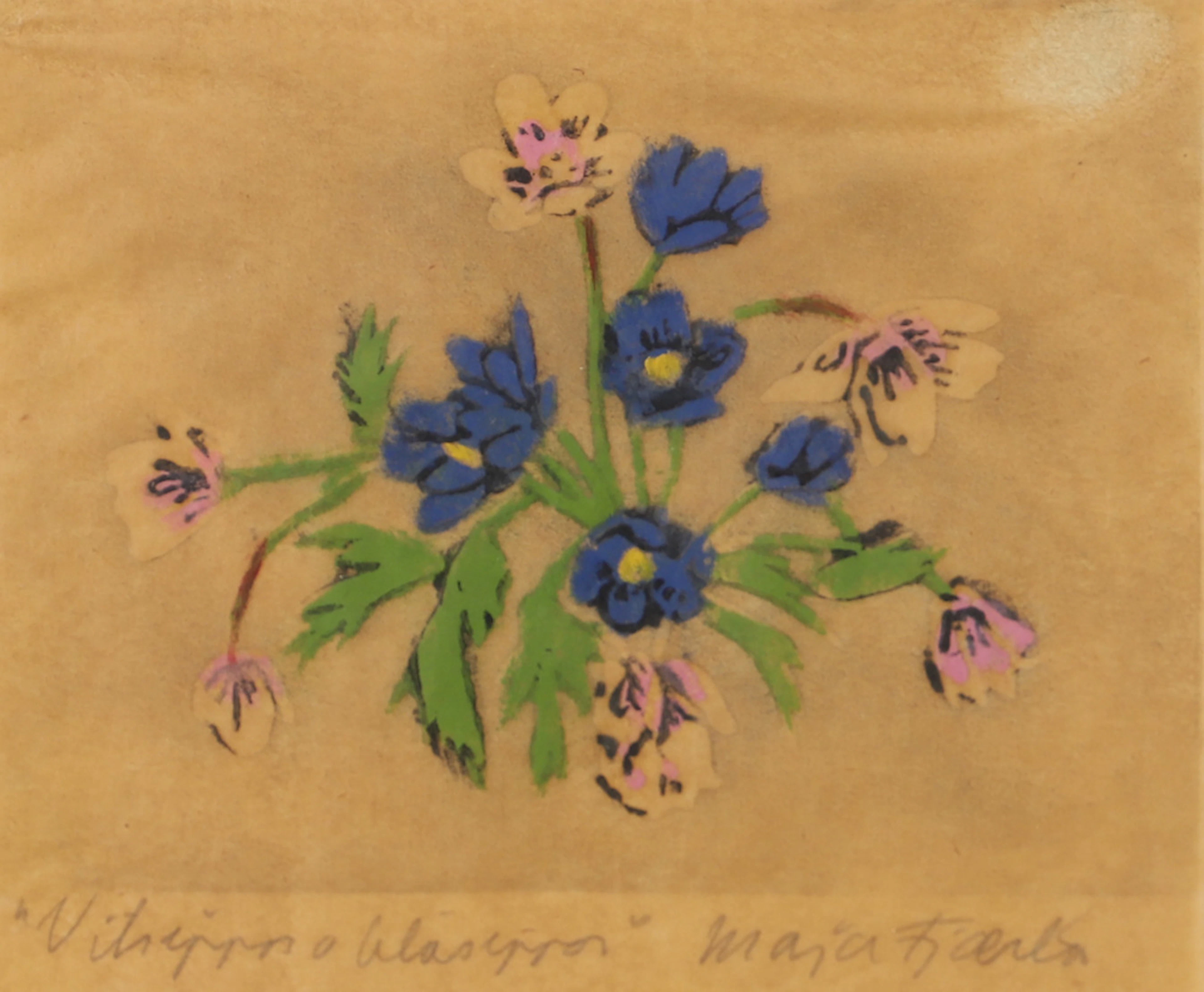 MAJA FJAESTAD. "Vitsippor o blåsippor", träsnitt, signerad.