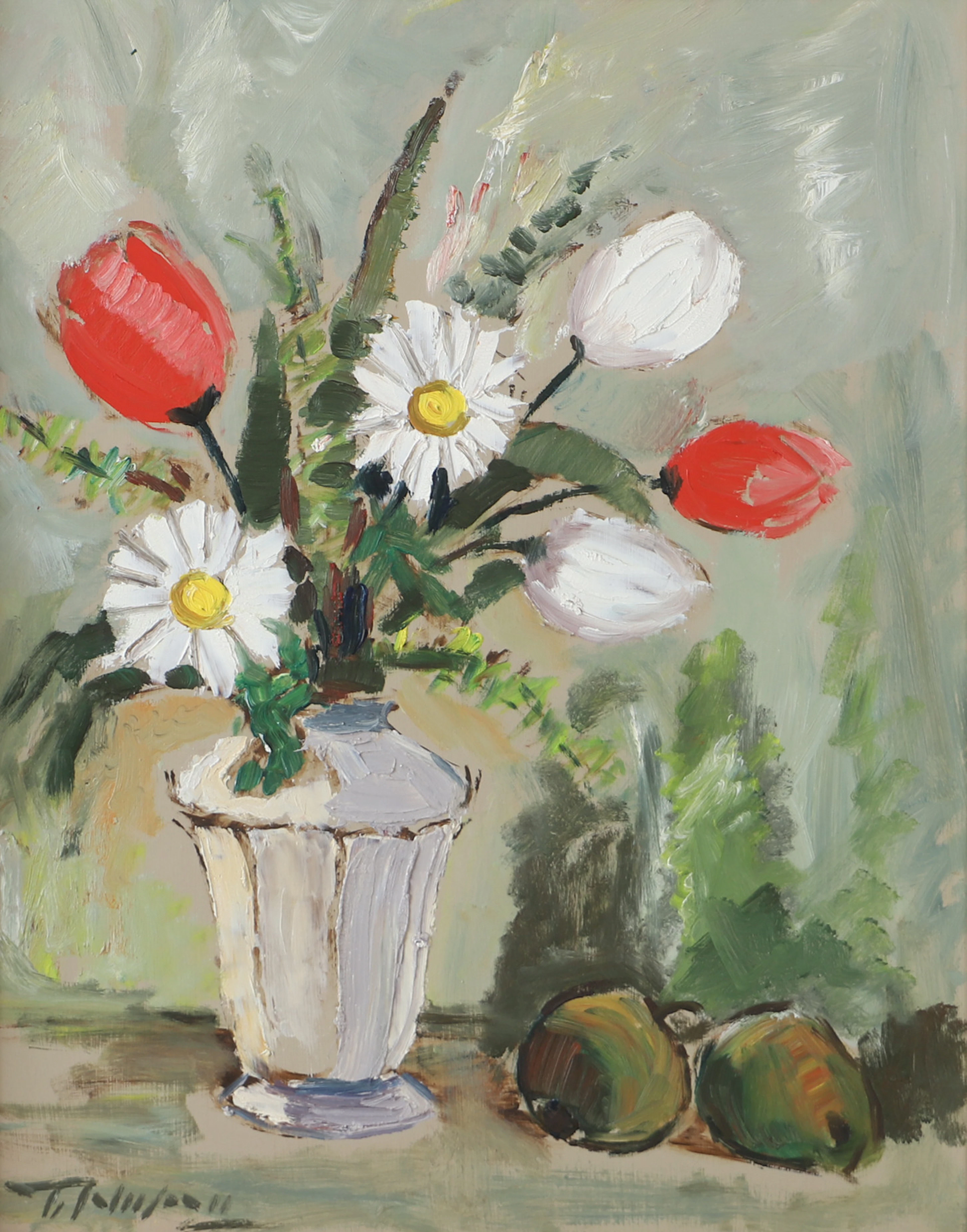 OIDENTIFIERAD KONSTNÄR. Blomsterstilleben, olja på pannå, otydligt signerad.