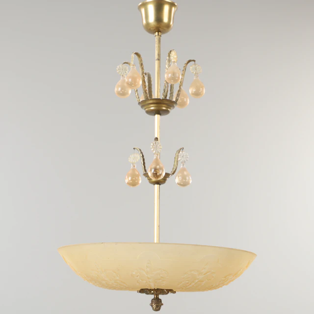 TAKLAMPA, mässing och glas, 1920/30-tal.