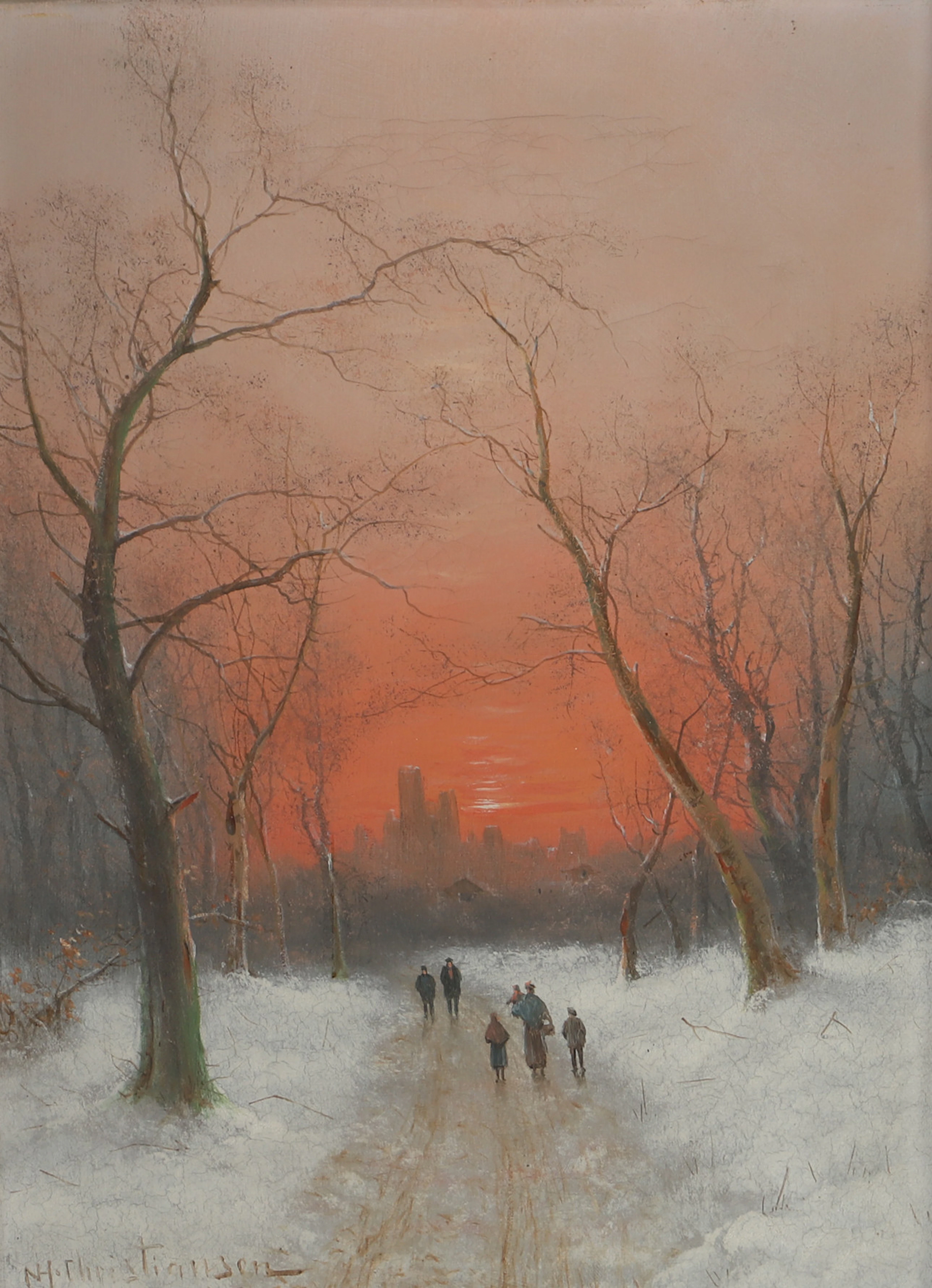 IELS HANS CHRISTIANSEN. Vinterlandskap med promenerande figurer, olja