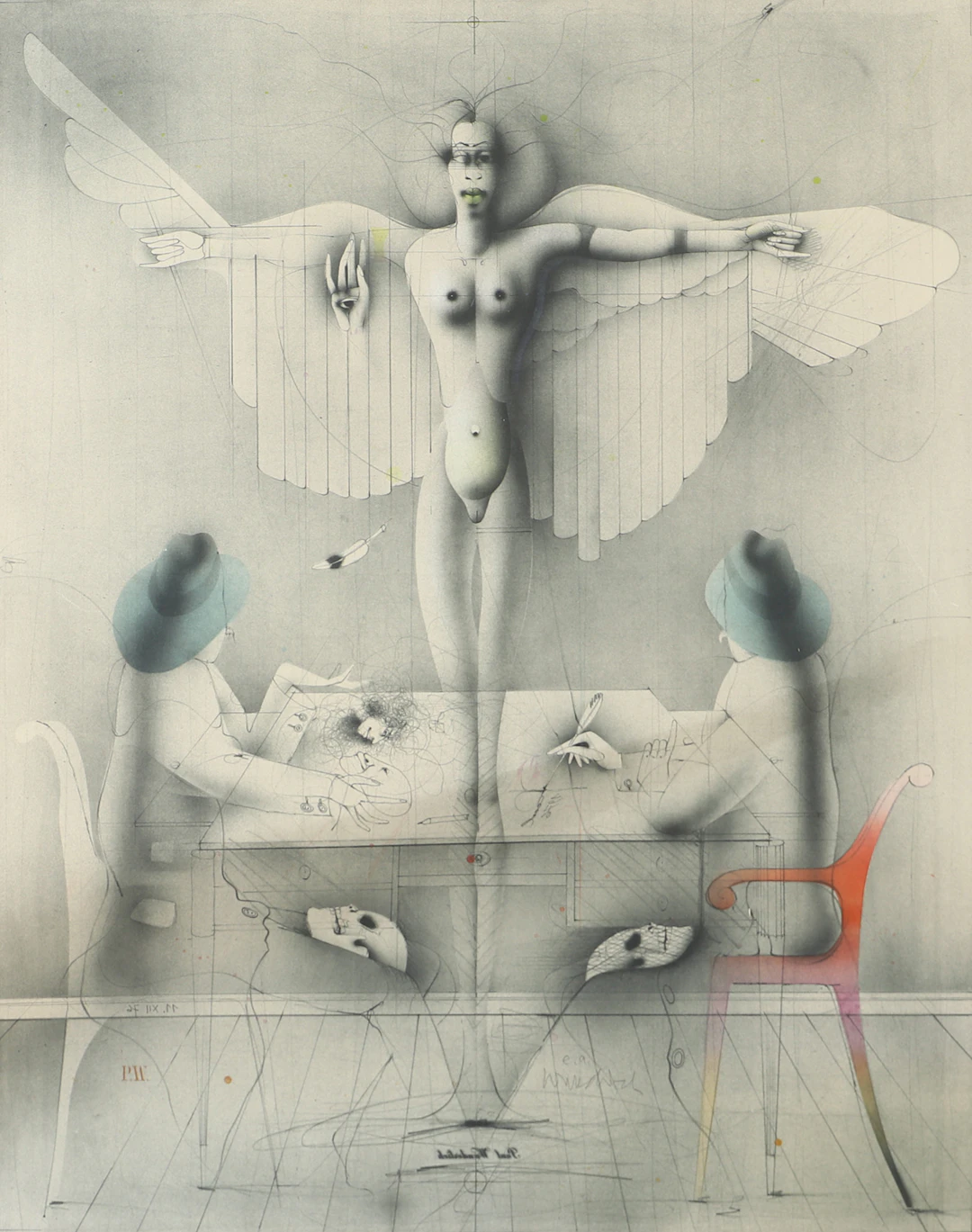 PAUL WUNDERLICH. Komposition med kvinna, färglitografi, signerad.