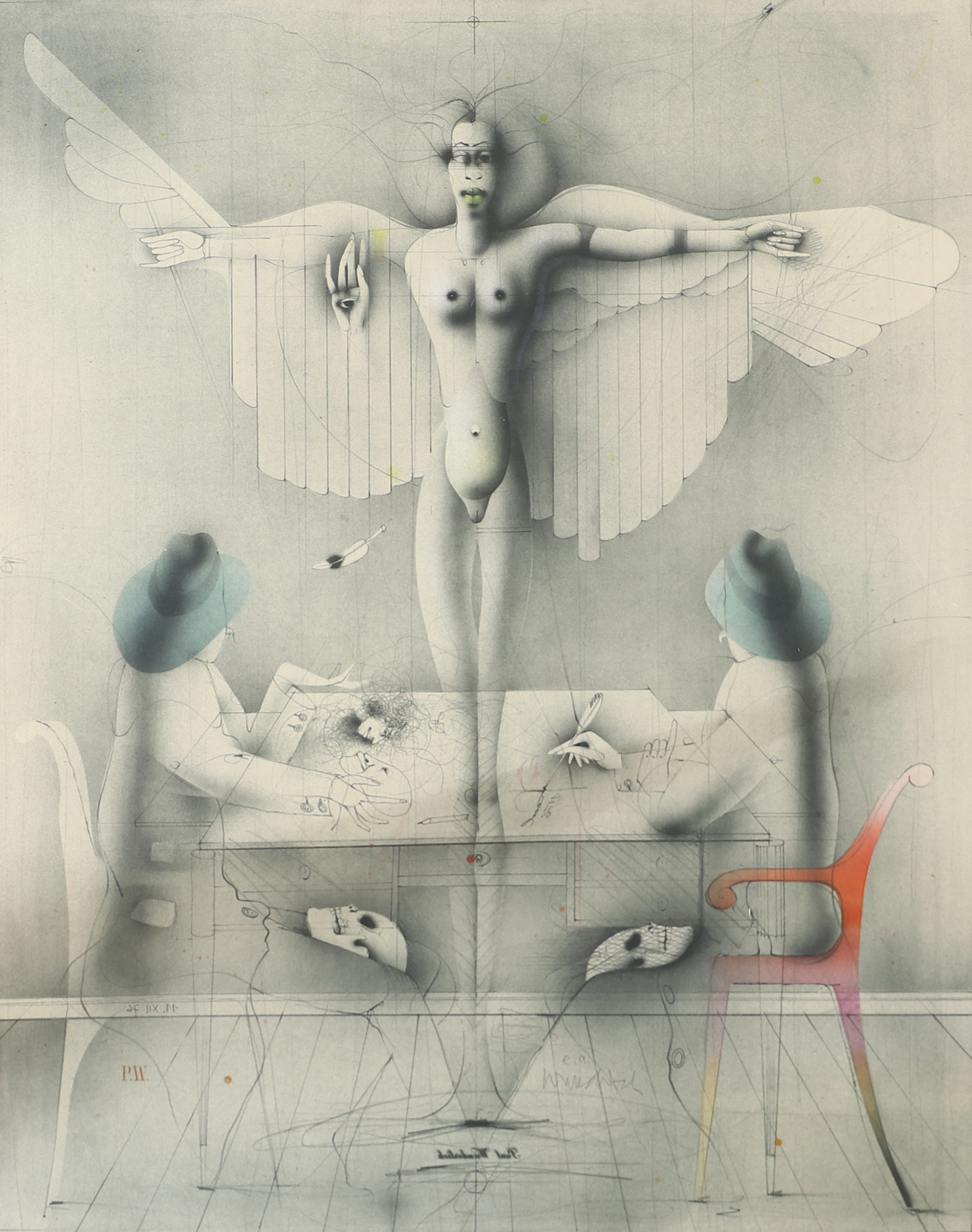 PAUL WUNDERLICH. Komposition med kvinna, färglitografi, signerad.