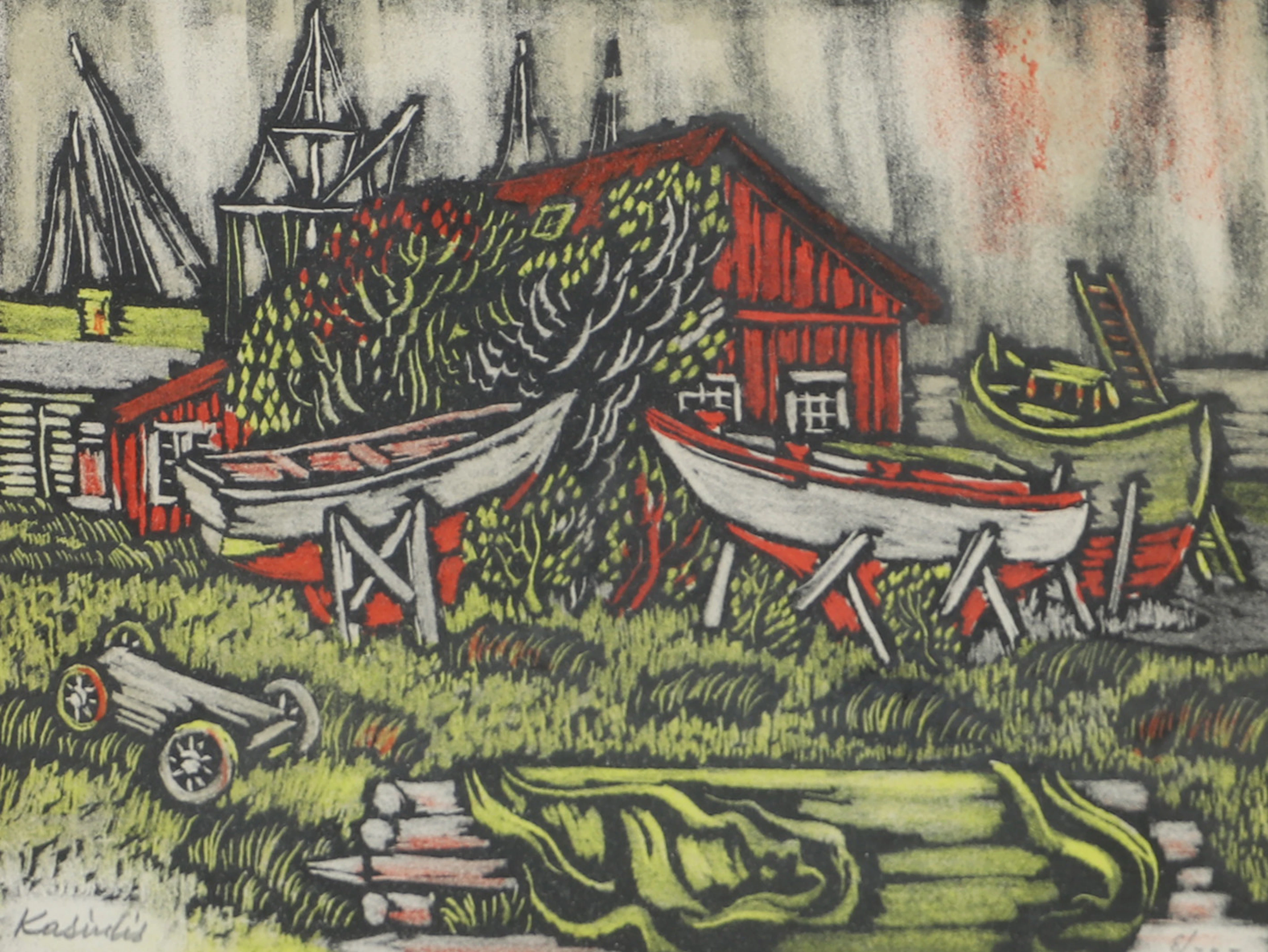 VYTAUTAS KASIULIS. Fiskestuga med båtar, färglitografi, signerad Kasiulis.