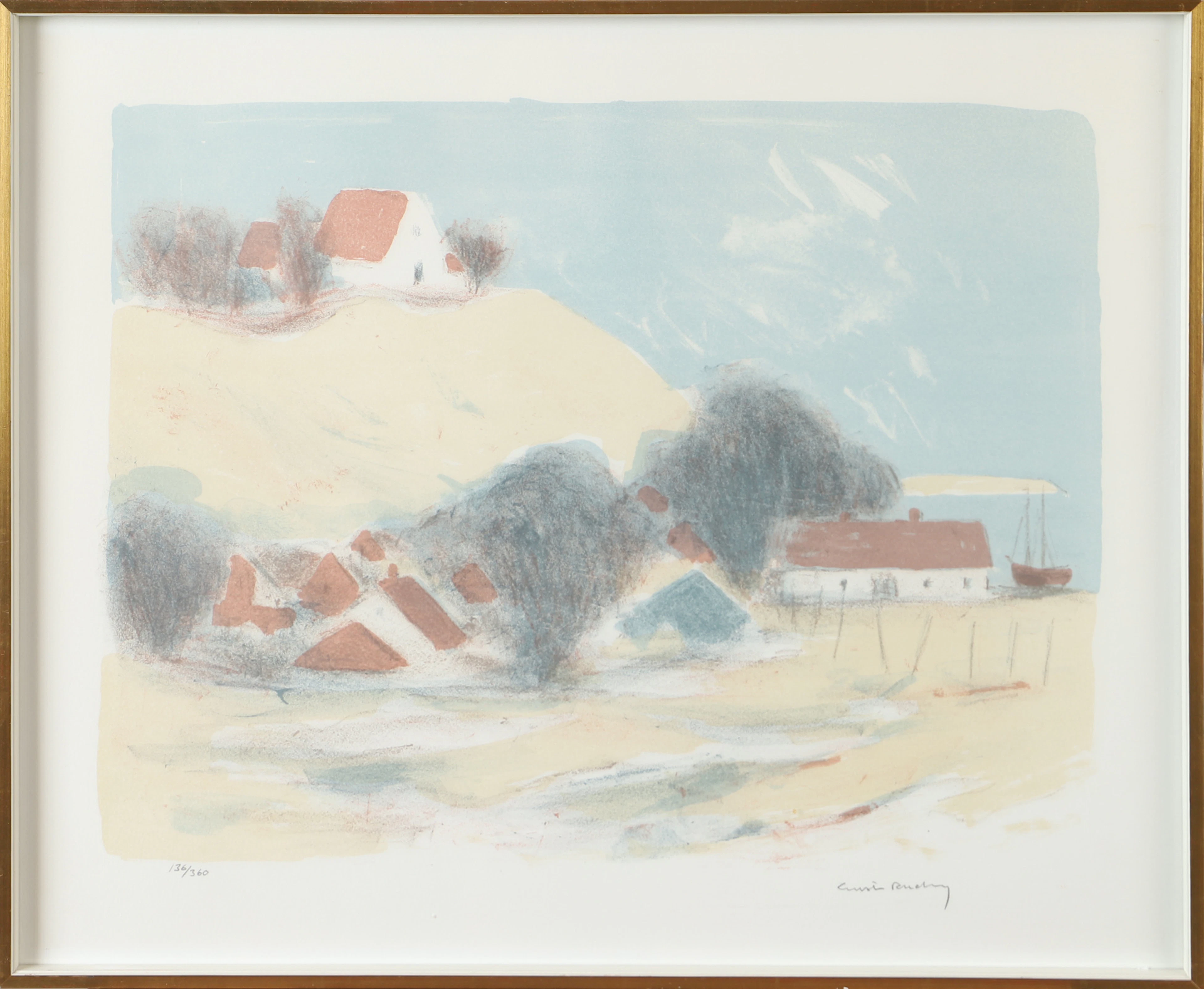 GUSTAV RUDBERG. Kyrkbacken, färglitografi, signerad.