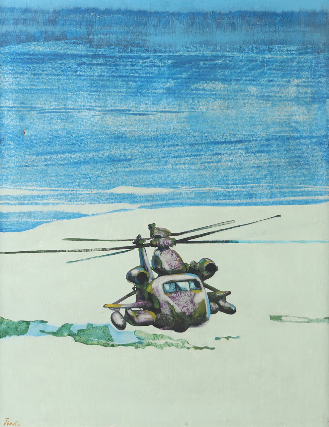OIDENTIFIERAD KONSTNÄR. Helikopter, olja på duk, otydligt signerad.