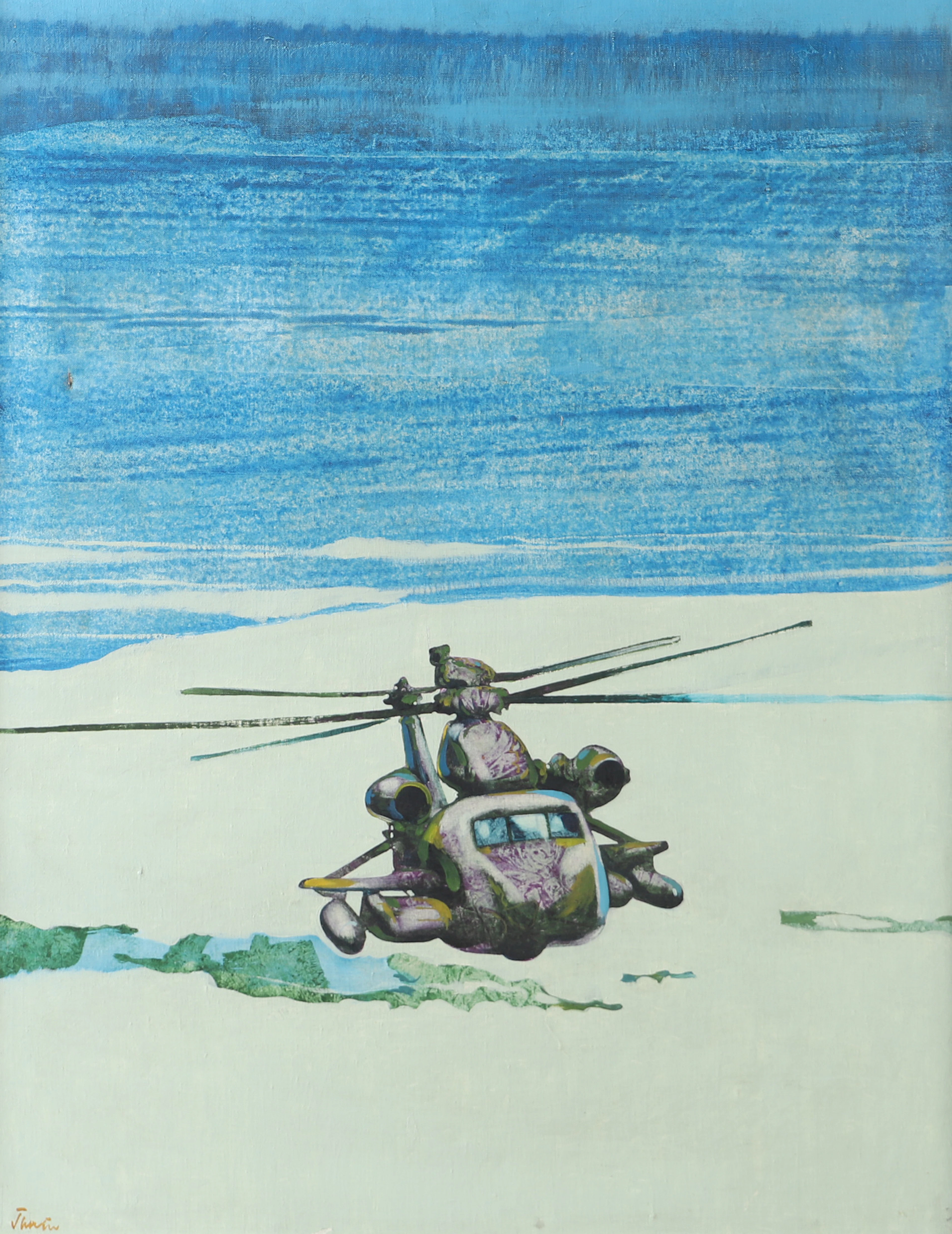 OIDENTIFIERAD KONSTNÄR. Helikopter, olja på duk, otydligt signerad.