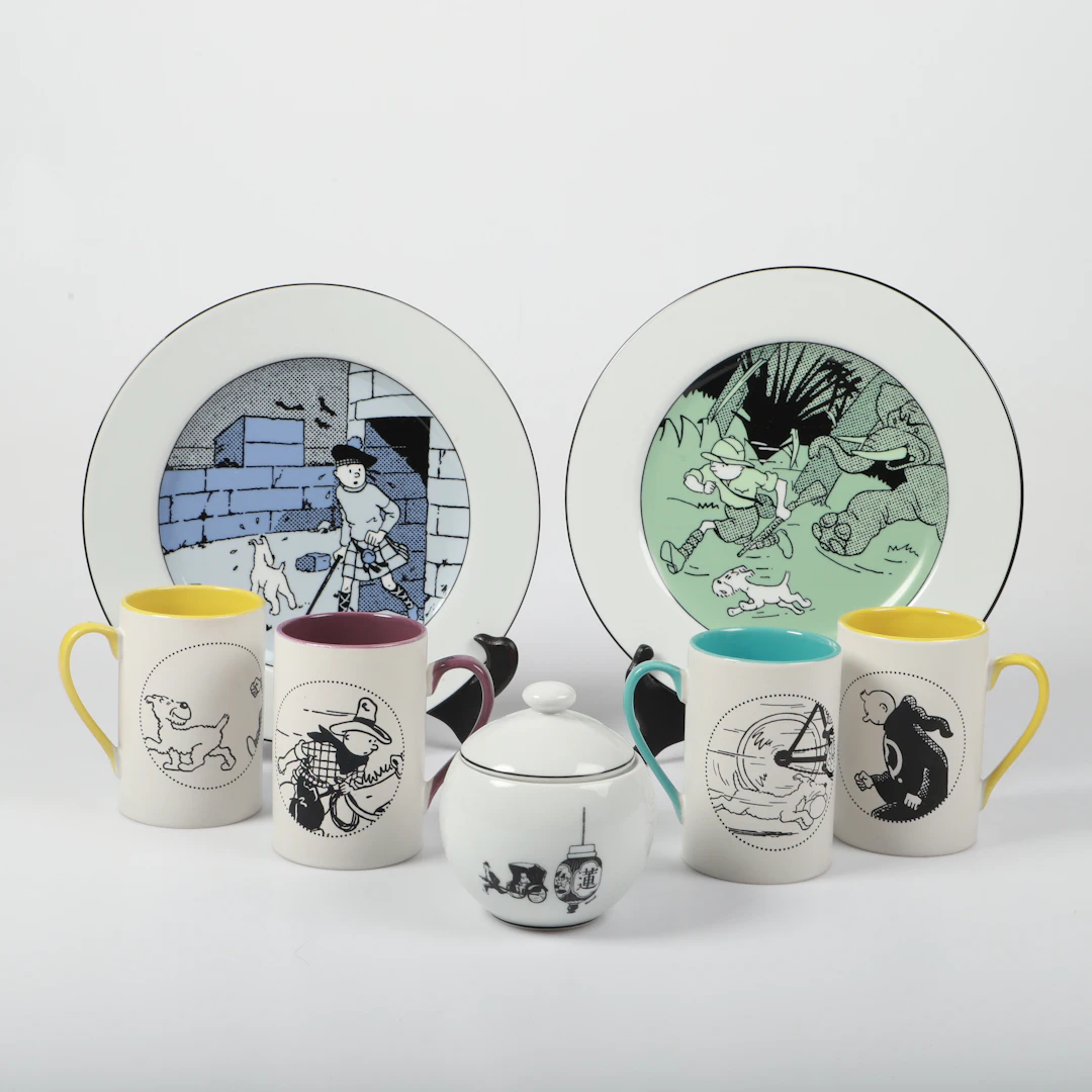 HERGÉ/TINTIN. SERVISDELAR, 7 stycken, "Tintin", Hergé, porslin, Axis/Moulinsart