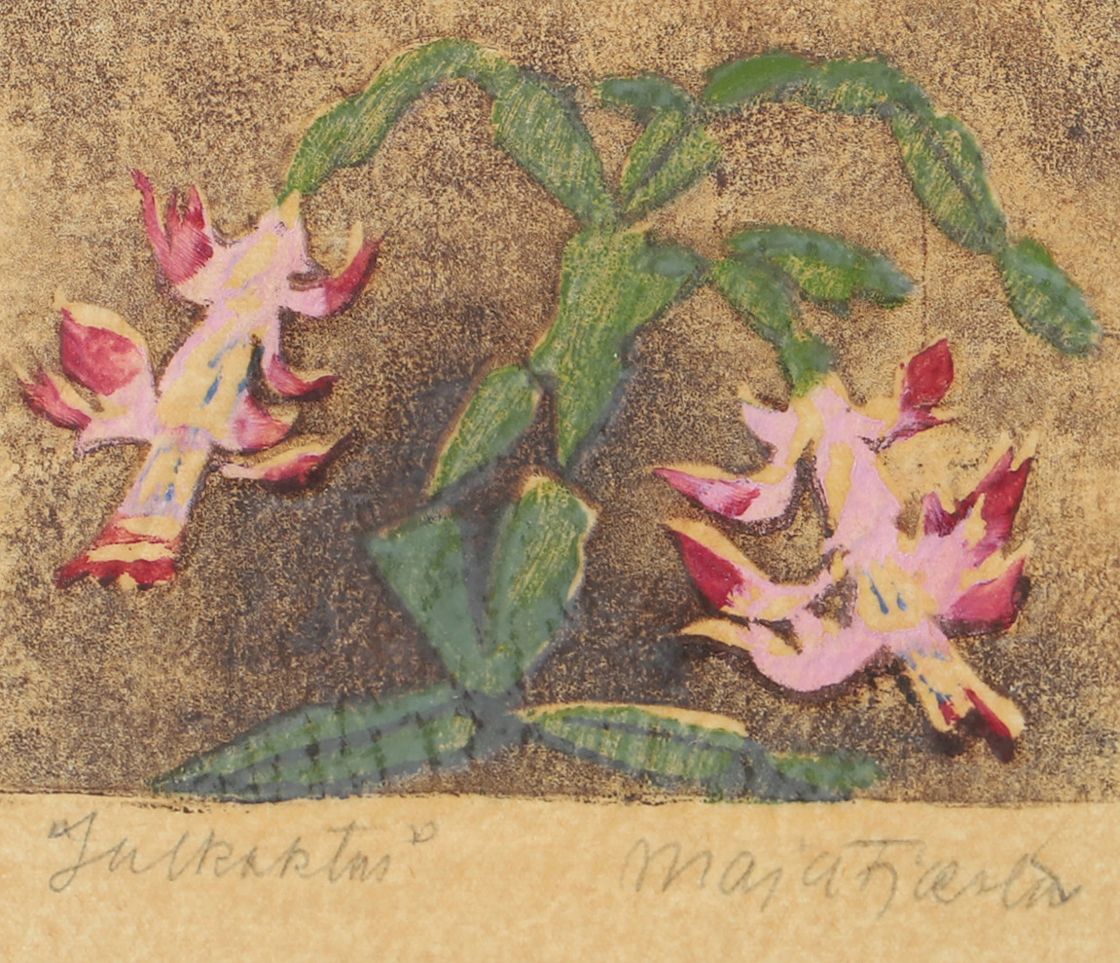 MAJA FJAESTAD. "Julkaktus", träsnitt, signerad.
