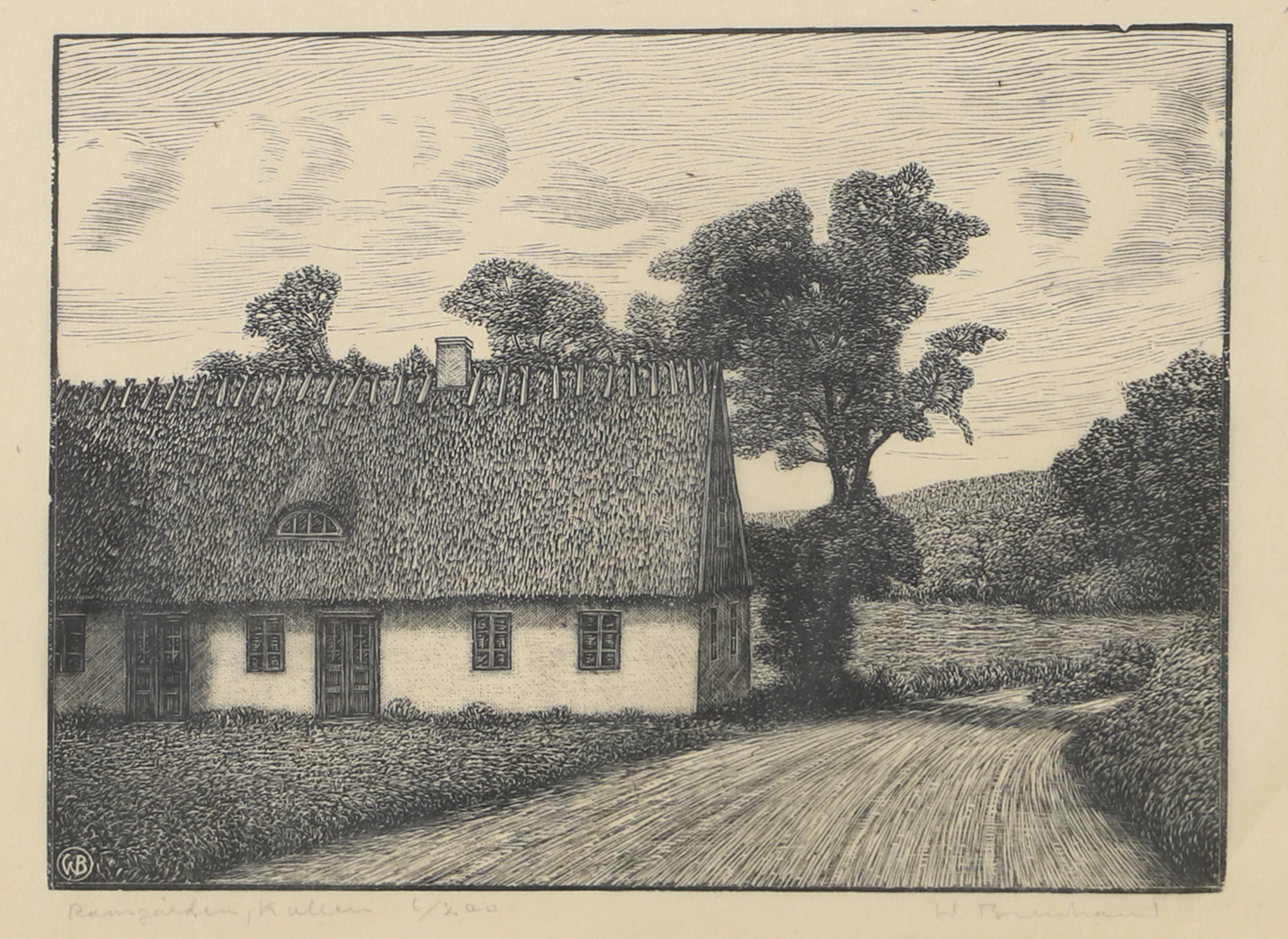 WALDERMAR BERNHARD. "Ransgården, Kullen", träsnitt, signerad.