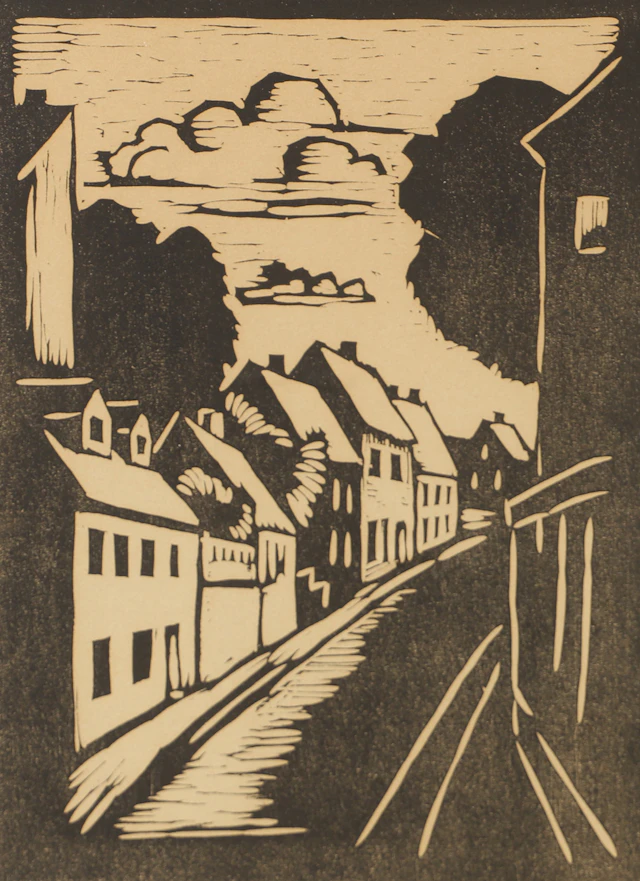 ERIC CEDERBERG. Gatubild, träsnitt, signerad E. Cederberg.