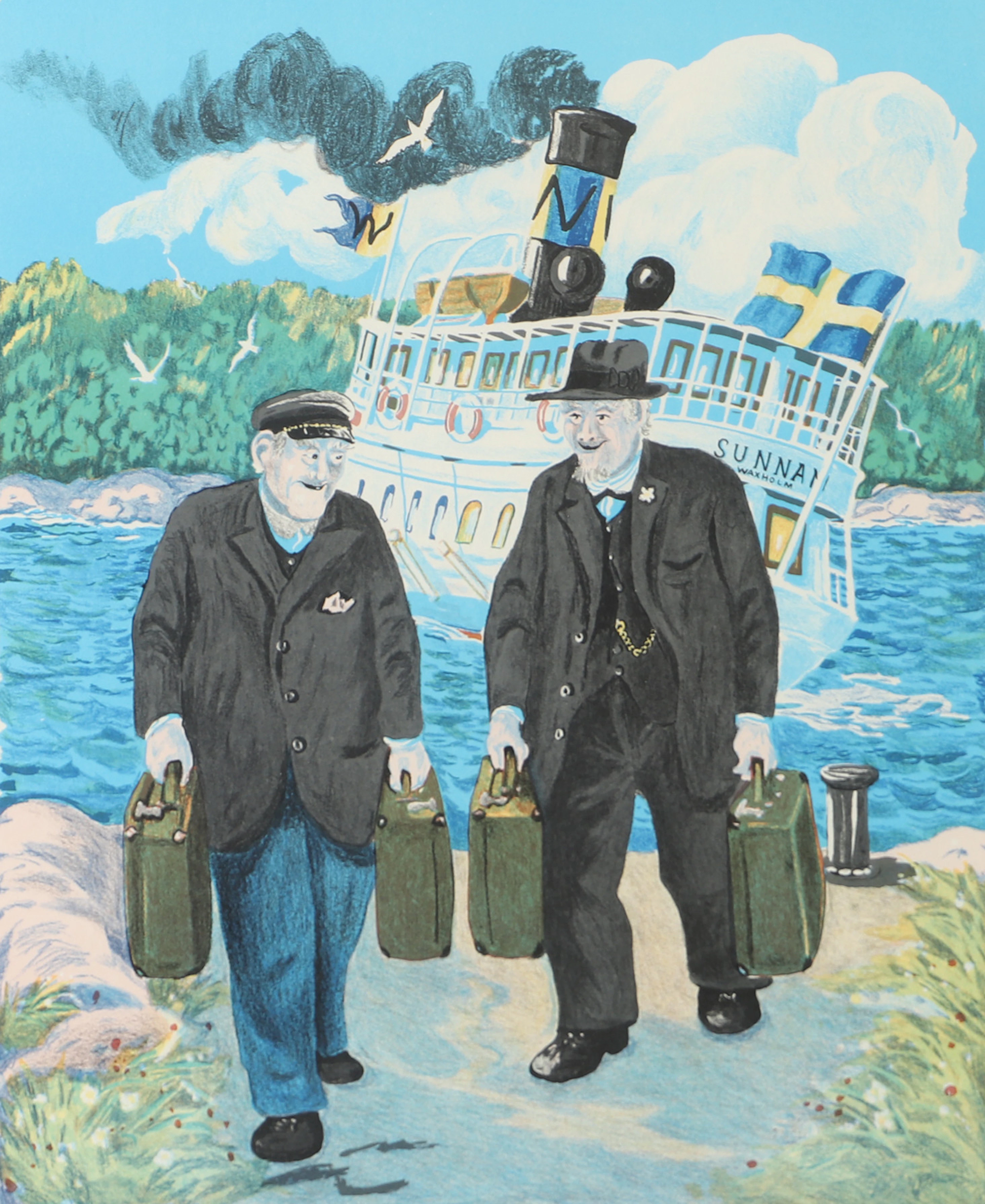 BERT-HÅGE HÄVERÖ. Gubbar med resväskor, färglitografi, signerad -78.
