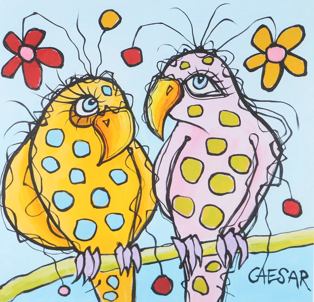 CAMILLA CAESAR. "Love birds-blue", färglitografi, signerad.