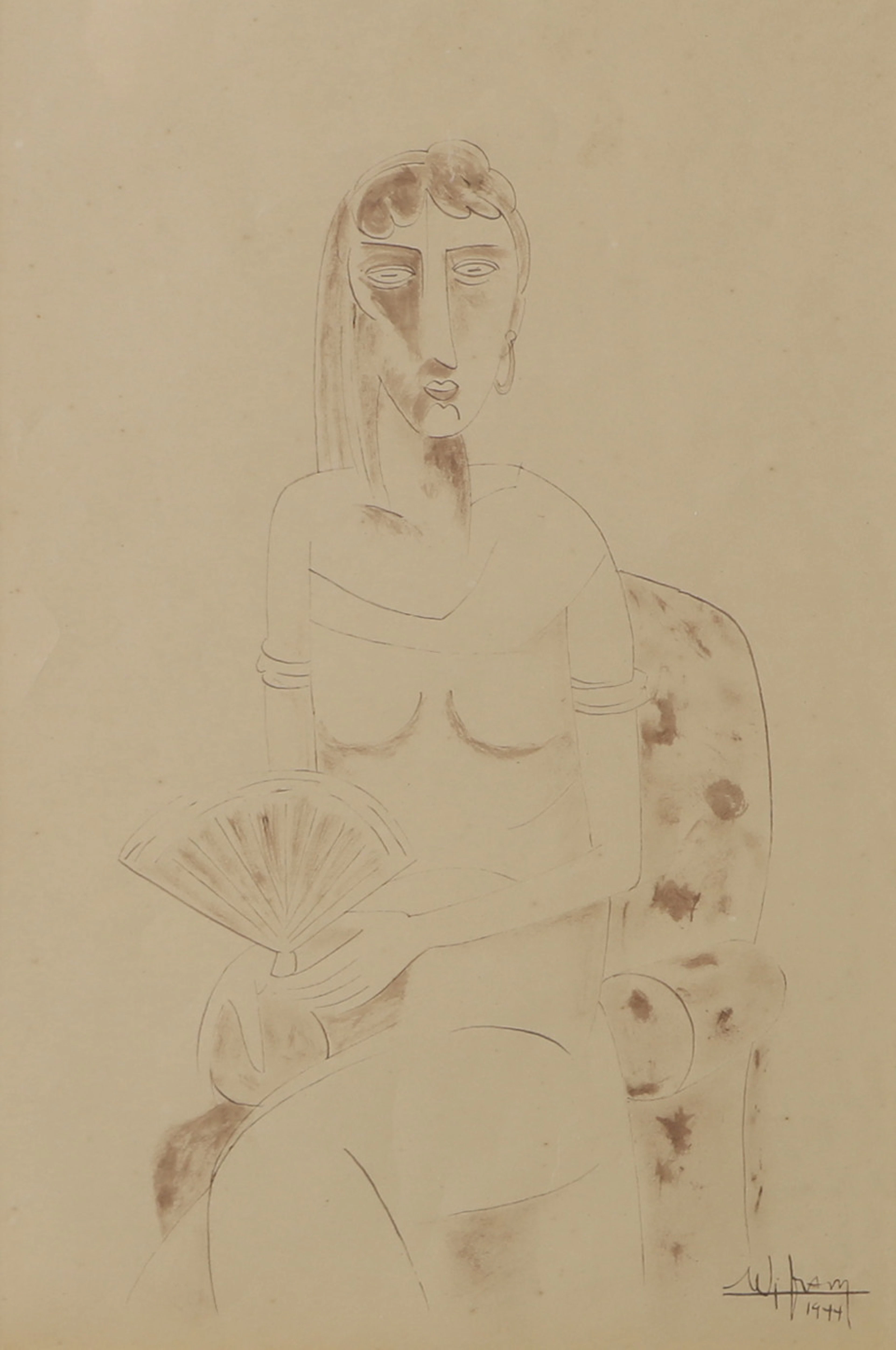 WILFREDO LAM. Sittande kvinna, tryck.