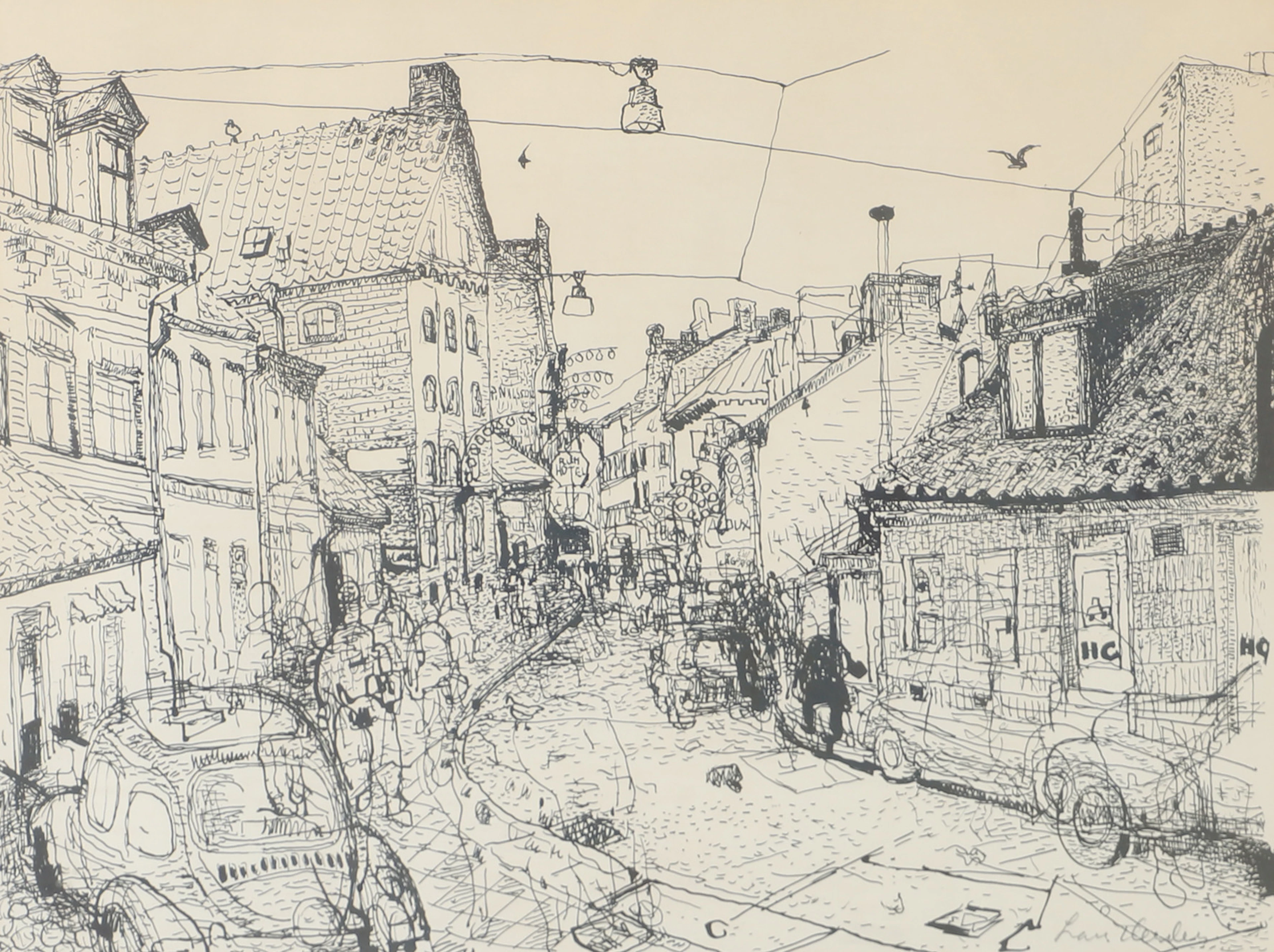 LARS HERDER. Stradsvy, Helsingborg, Kullagatan, litografi, signerad