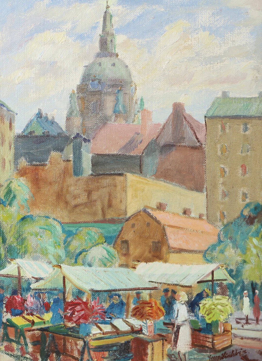 GEORG LINDSTRÖM. Medborgarplatsen, olja på pannå, signerad.